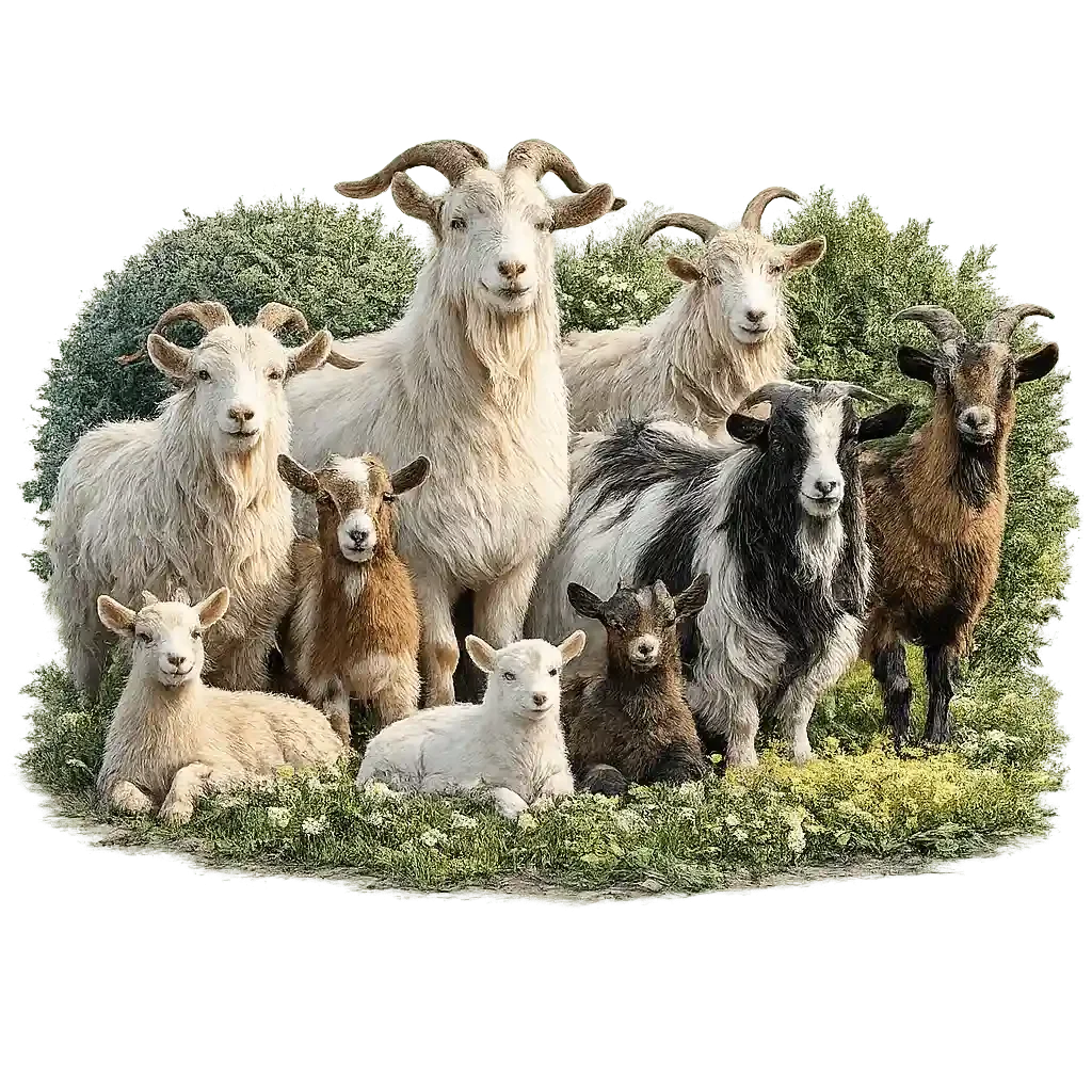 Goats in the meadow with wildflowers