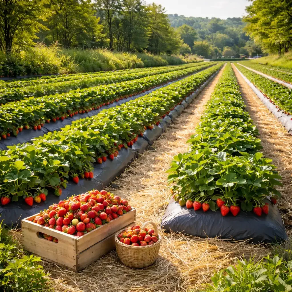 Morning harvest at strawberry farm
