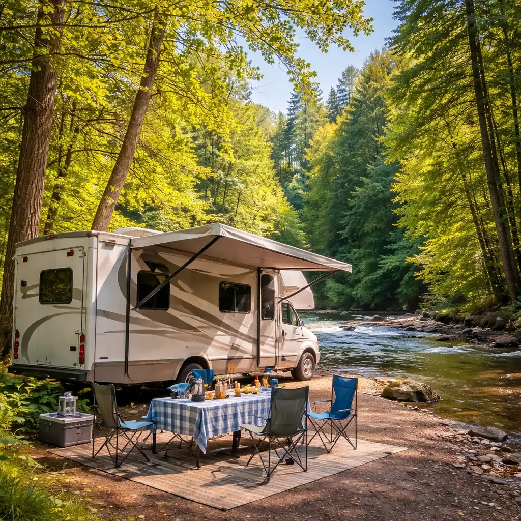 A recreational vehicle (RV) parked along a river, with an awning extended. A picnic table with a checkered tablecloth and chairs is set up on a mat, surrounded by trees in a forest.