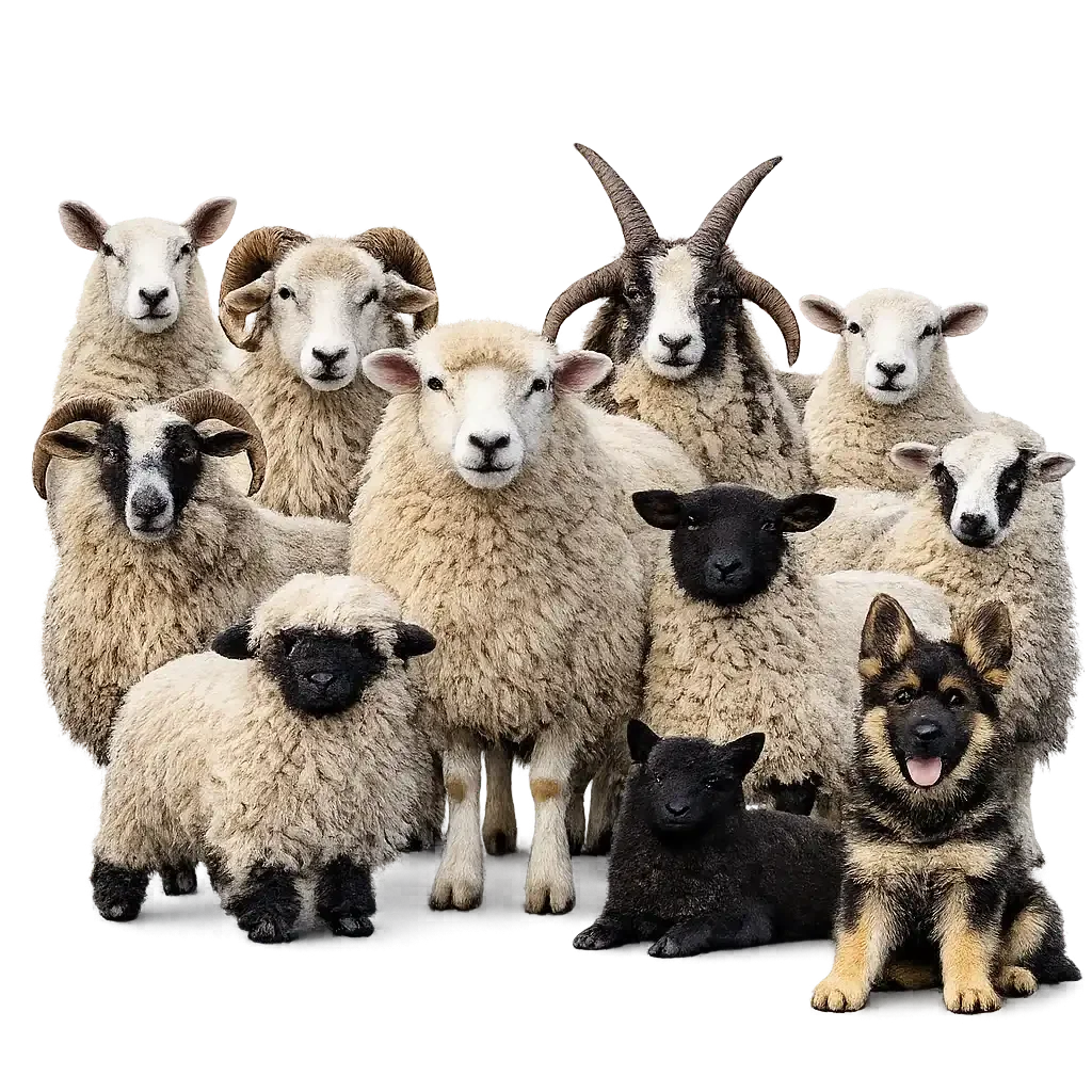 Diverse flock of sheep in harmony