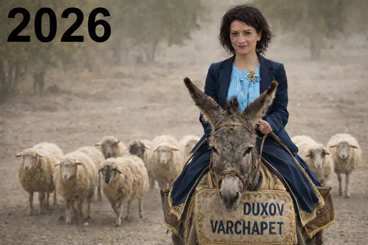 A woman riding a donkey with a sign that reads "DUXOV VARCHAPET," surrounded by sheep in a rural landscape.