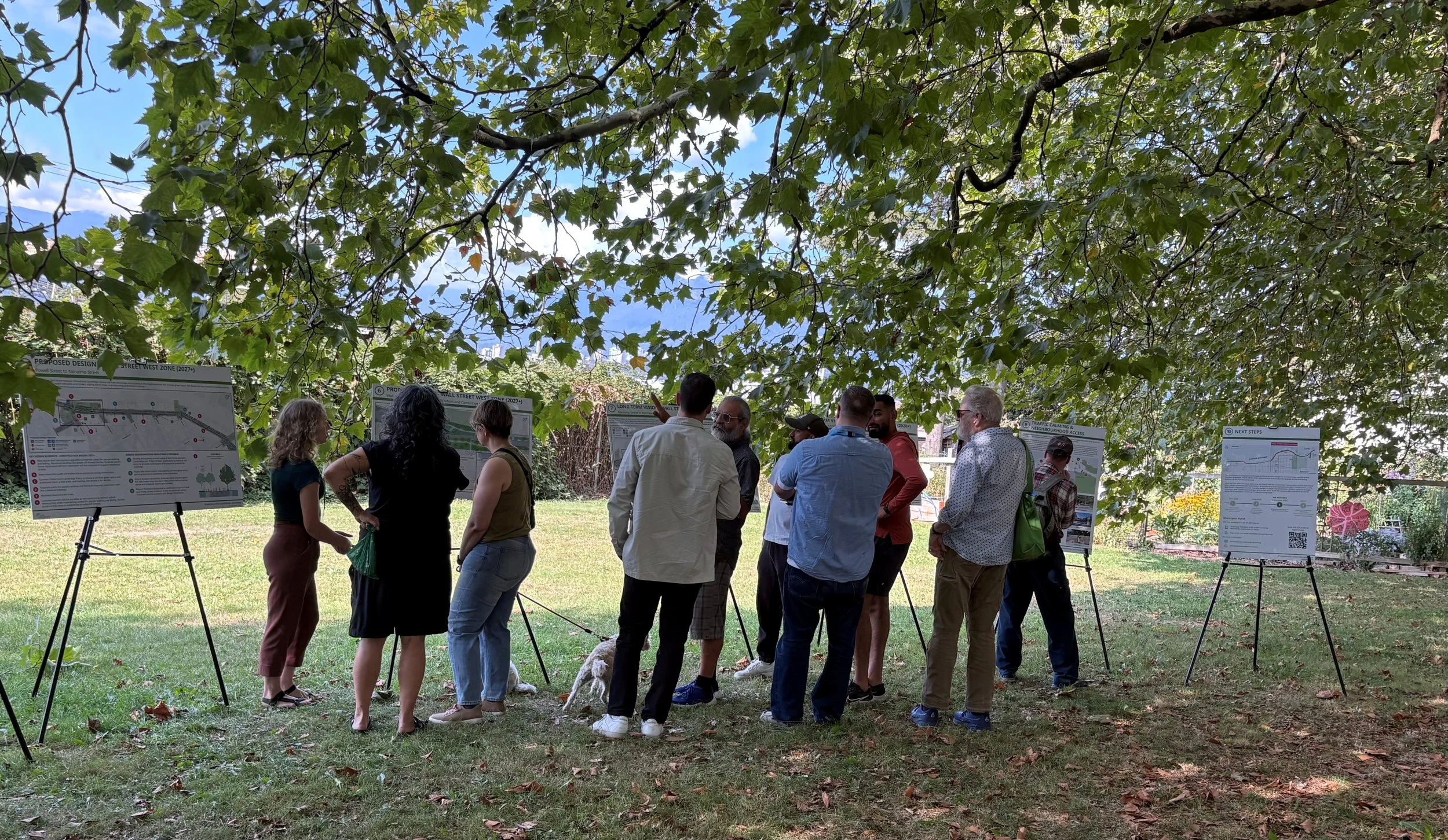 A dozen or so people gathered under a tree, looking at information boards on a community project, talking to staff