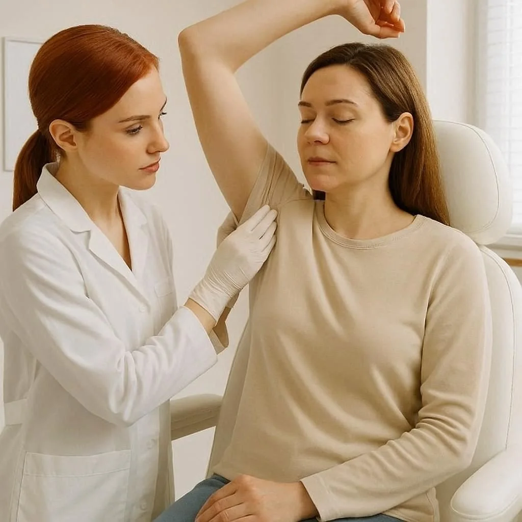 Relaxed female client sitting for Dry+ excess underarm sweating consultation at Chorley Aesthetics