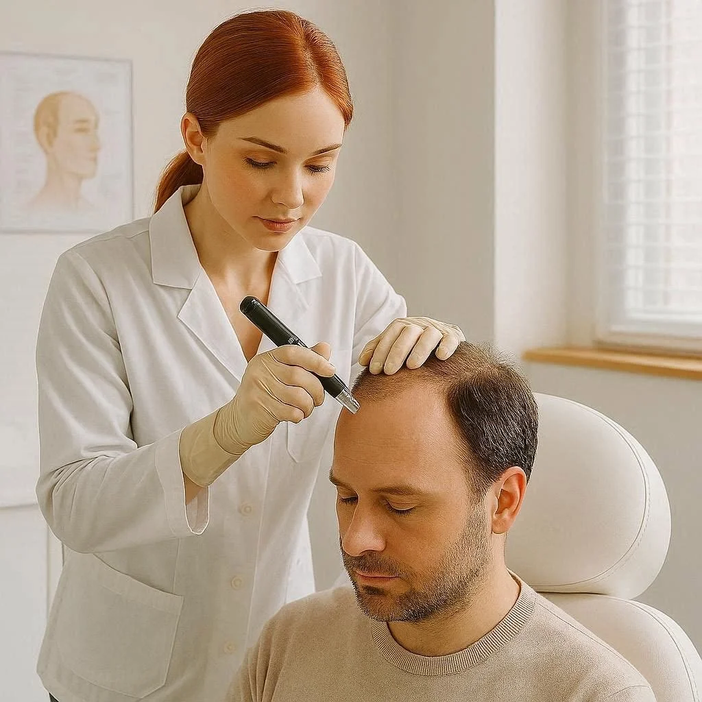 Male patient sitting for a Regrowth scalp Microneedling session at Chorley Aesthetics
