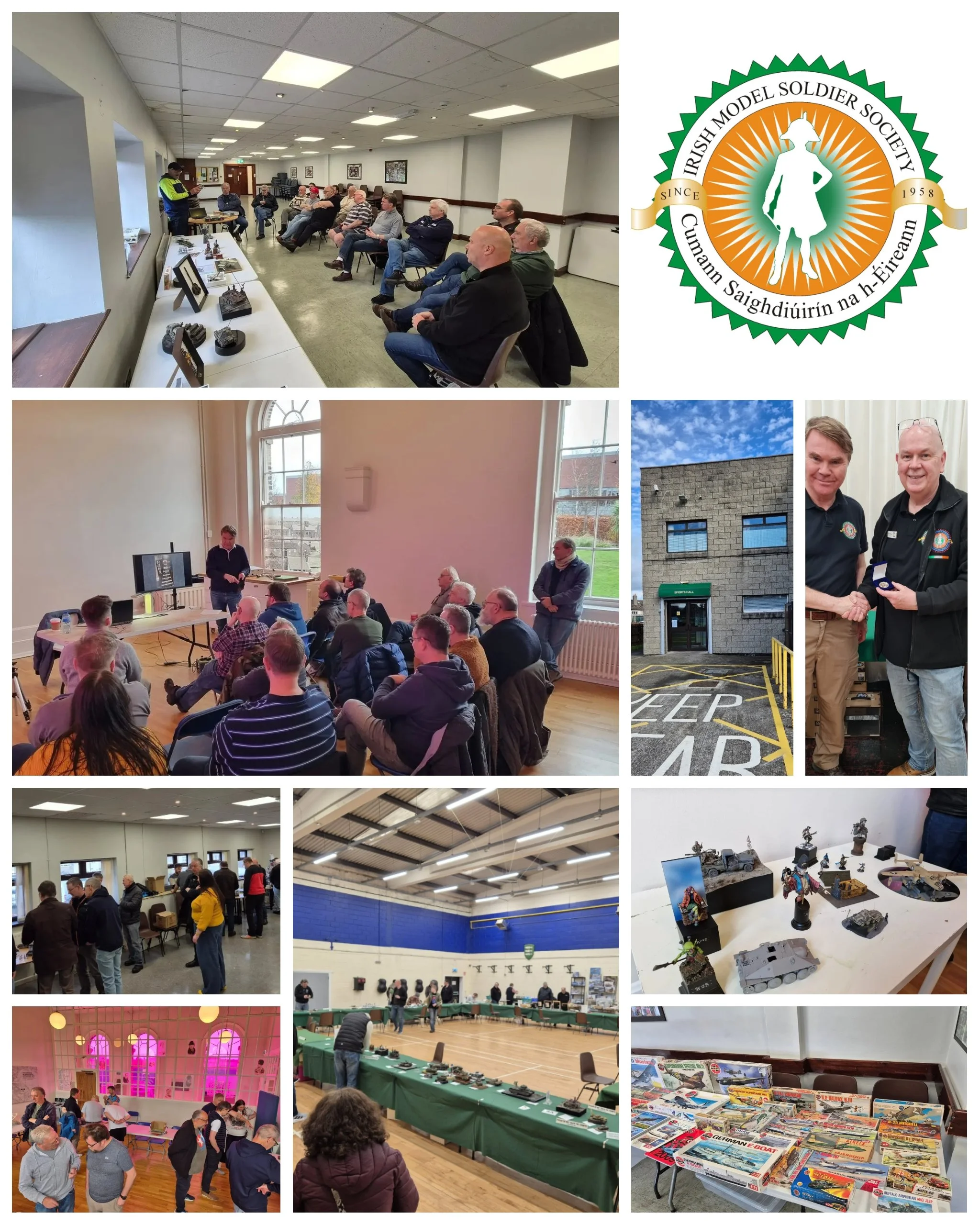 Multiple photos of a model soldier society event, including a presentation, model displays, a raffle, and a table of toy magazines. The society's logo features a model soldier silhouette with Irish and Gaelic text.