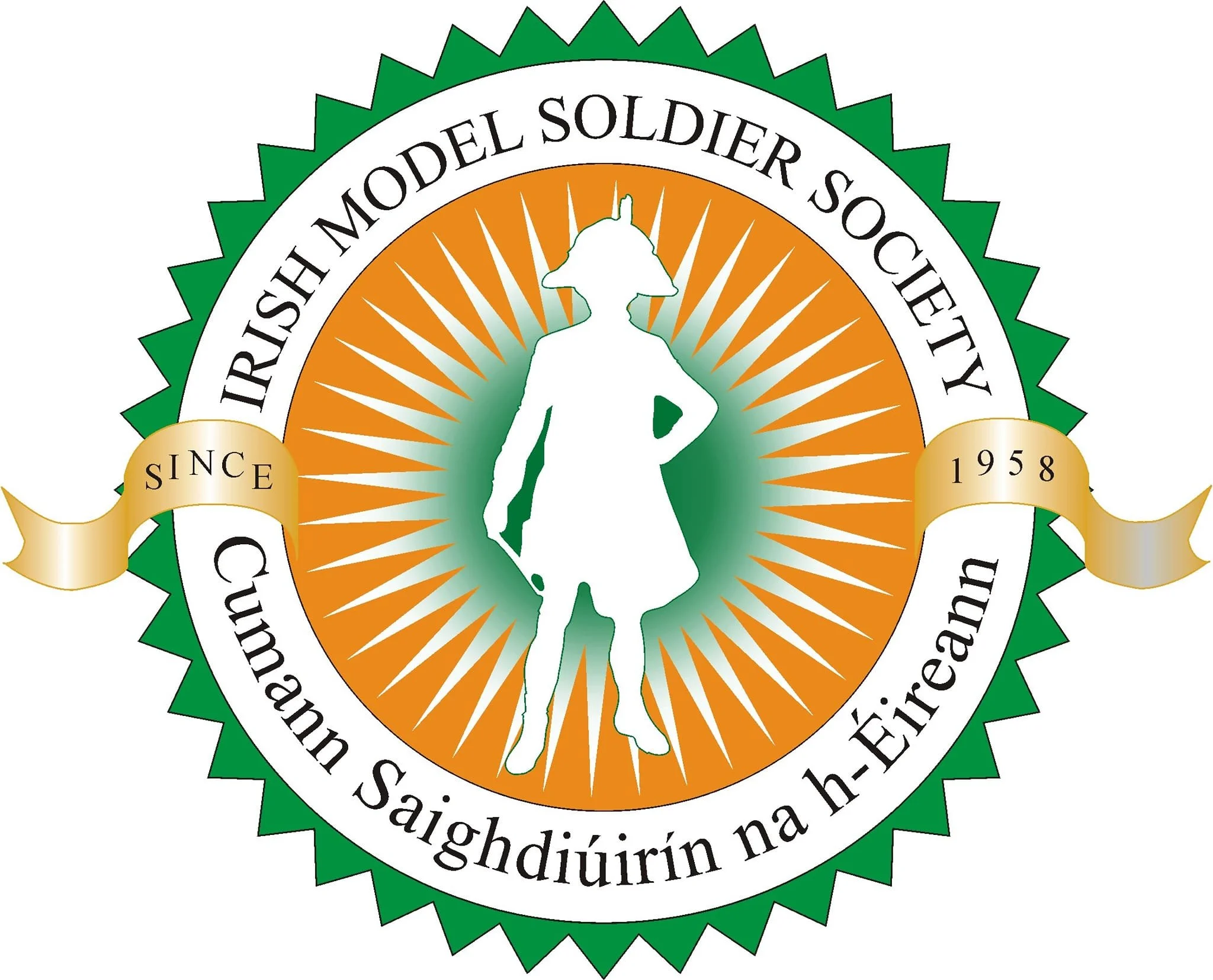 Seal of the Irish Model Soldier Society featuring a green border, white inner ring with black text, a gold ribbon with 'Since 1958', and a green and orange circular background with a white silhouette of a female soldier.