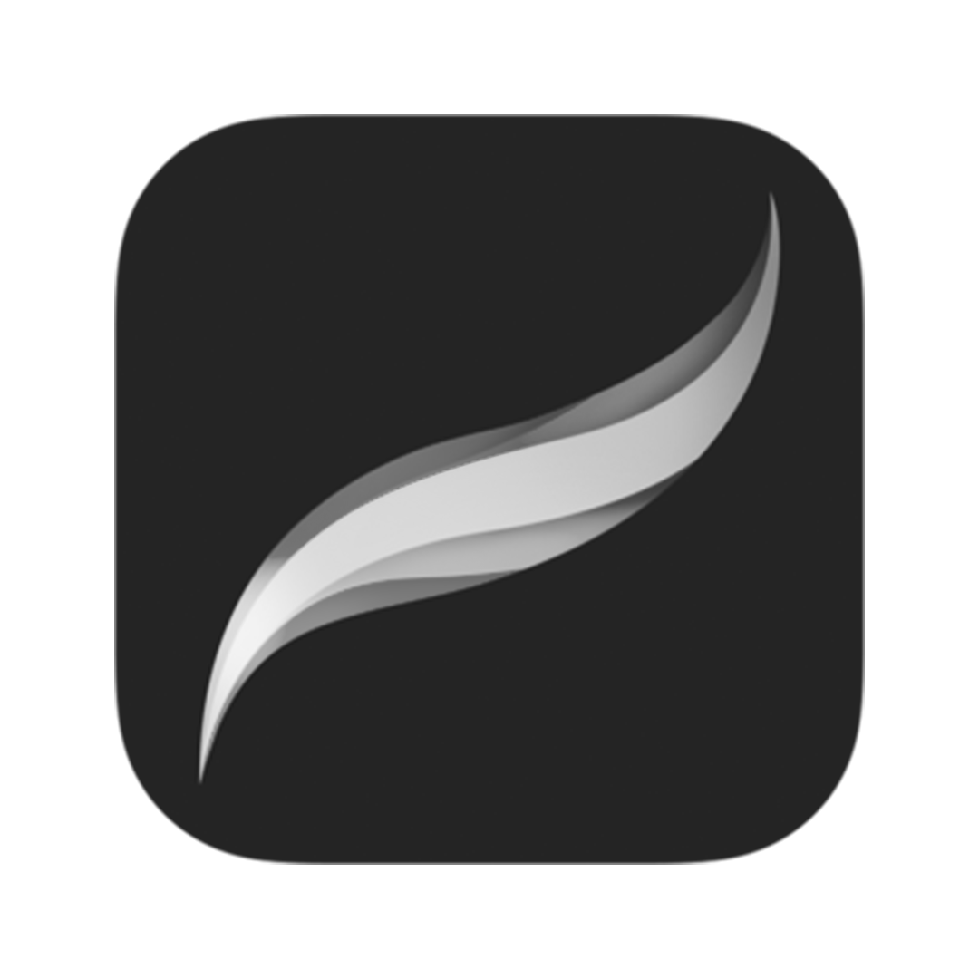 A sleek, stylized silver and white flame-like logo on a black background.