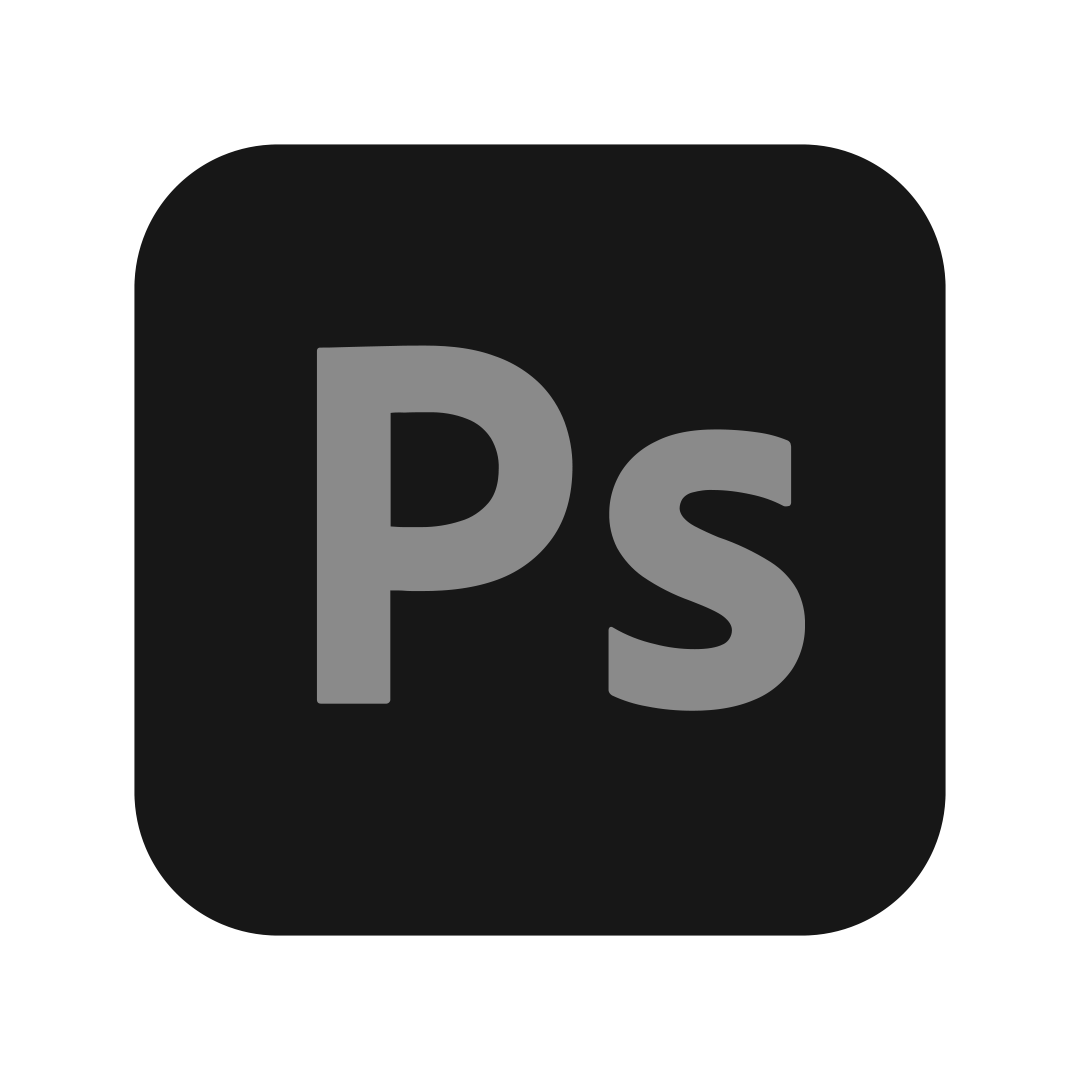 Adobe Photoshop logo with a black background and gray 'Ps' initials in the center.