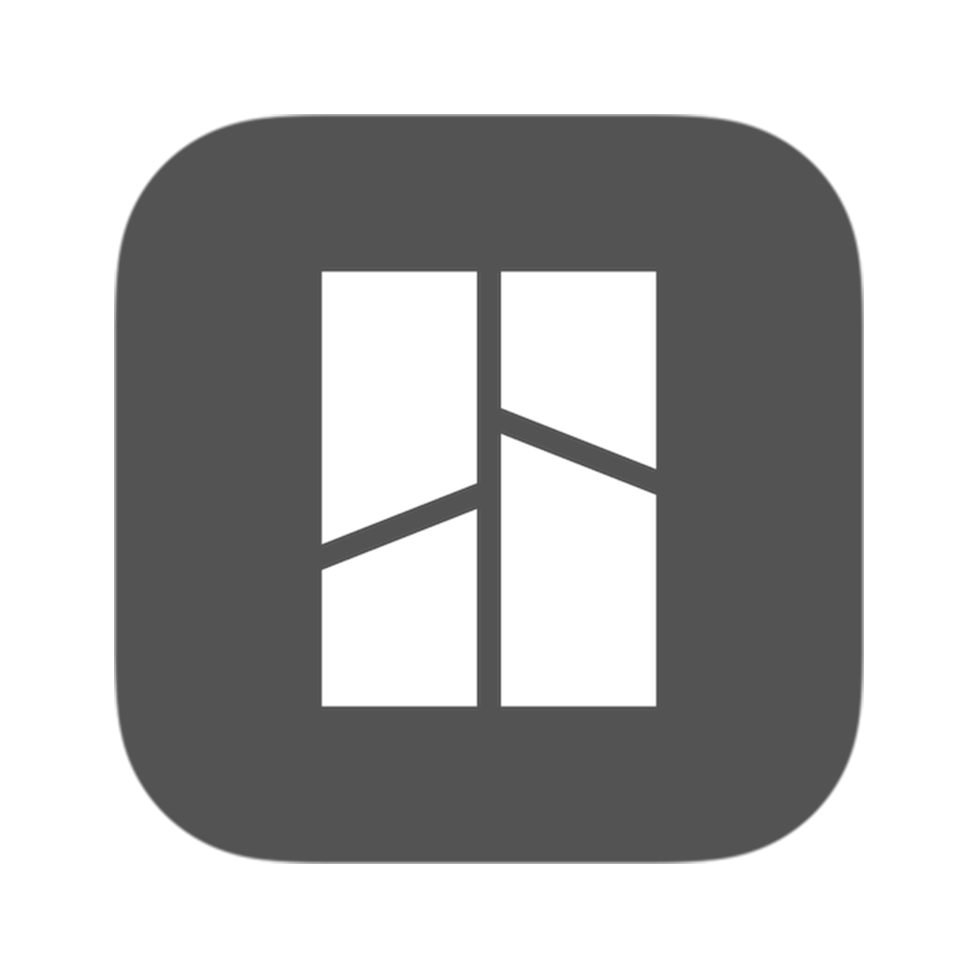 Icon of a window with four panes, containing two diagonal lines creating four sections, on a gray background.