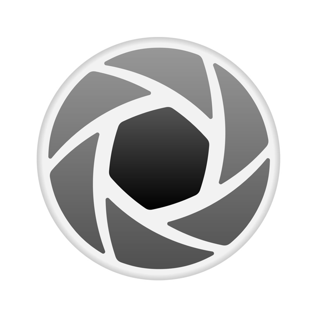 A stylized monochrome camera lens icon with a circular design and overlapping segments.