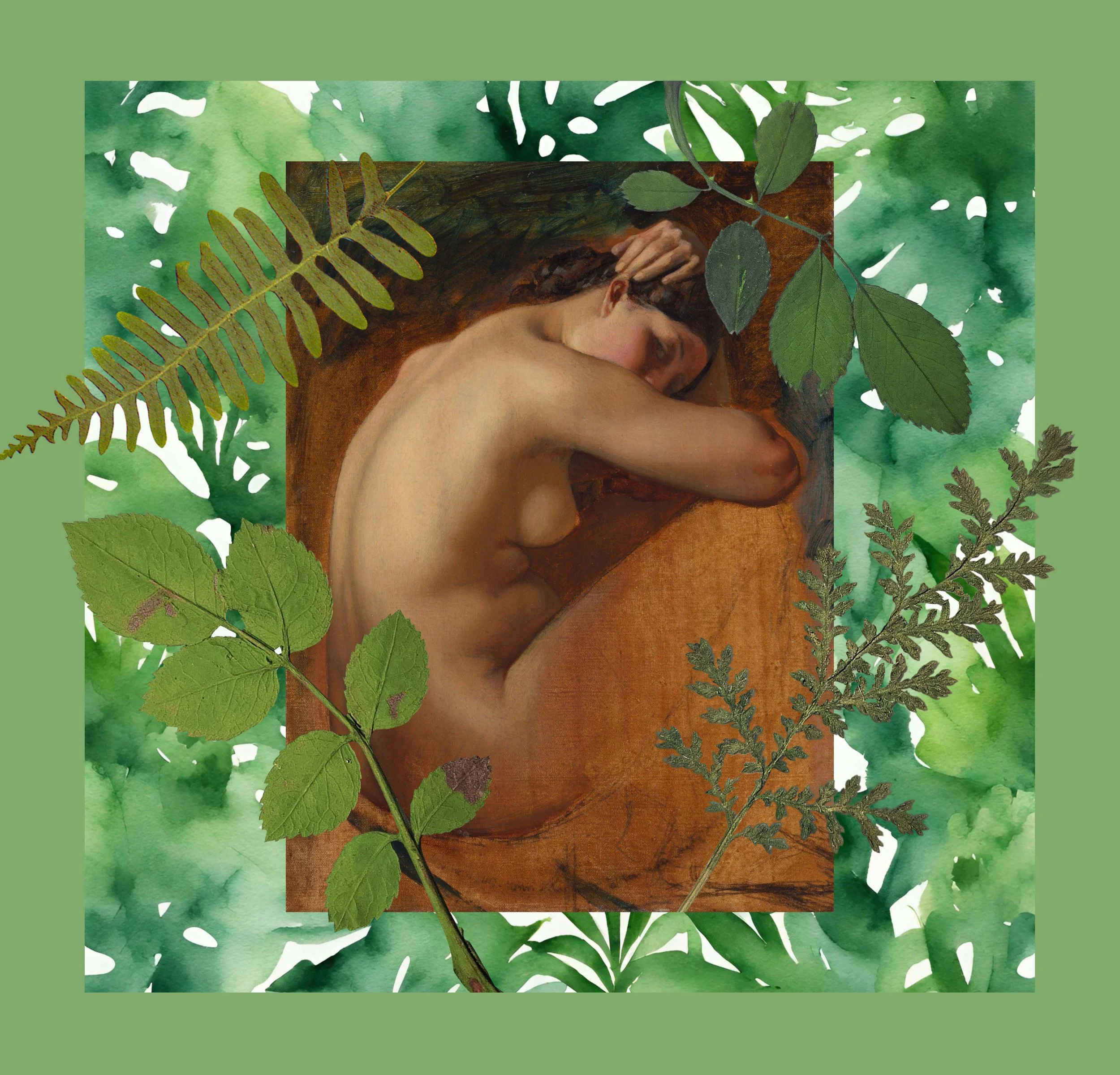 A painting of a nude woman with dark hair, lying on her side with her head resting on her arm, surrounded by green leaves and foliage.