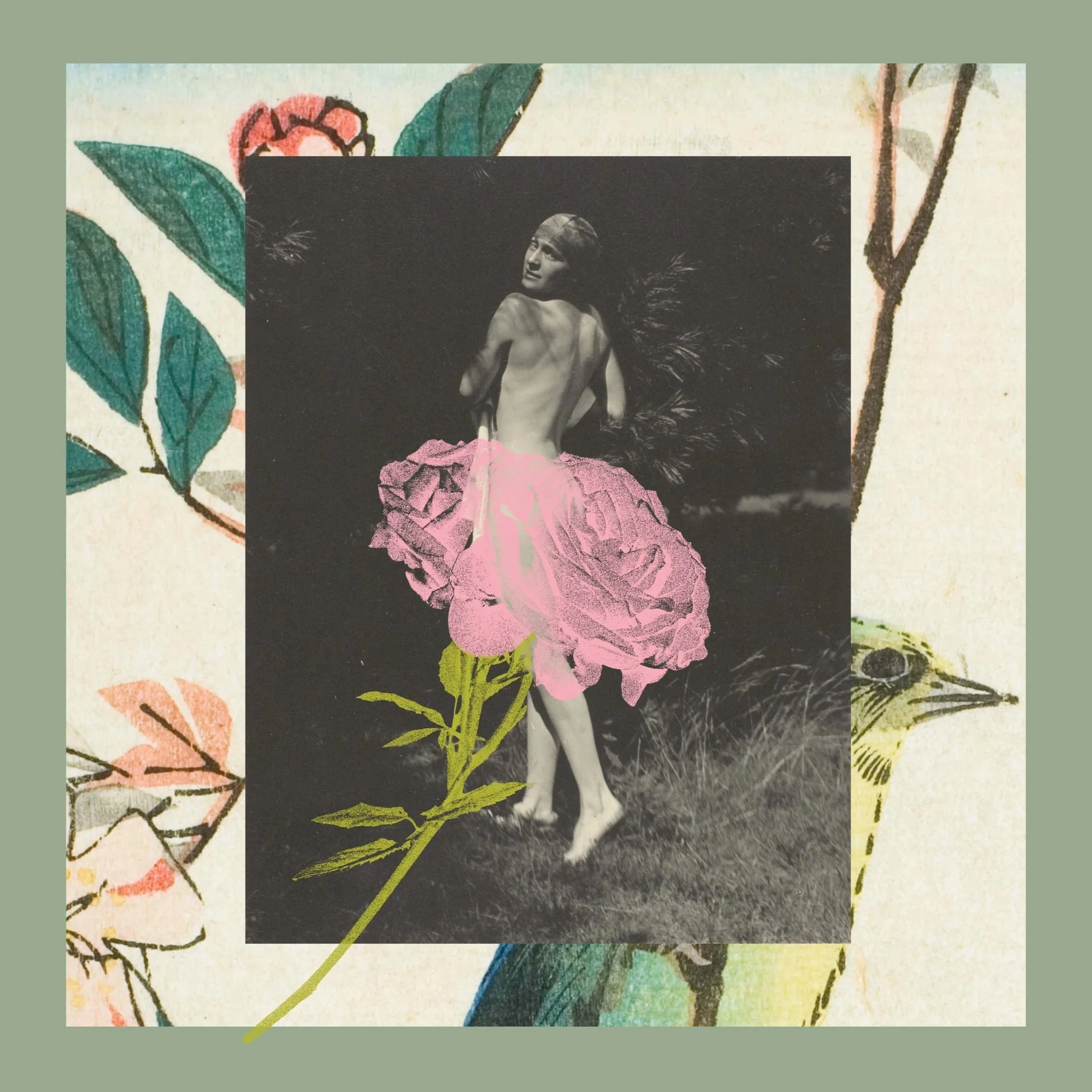 A collage featuring a black and white photo of a woman with a pink flower dress, set against a colorful, illustrated floral background.