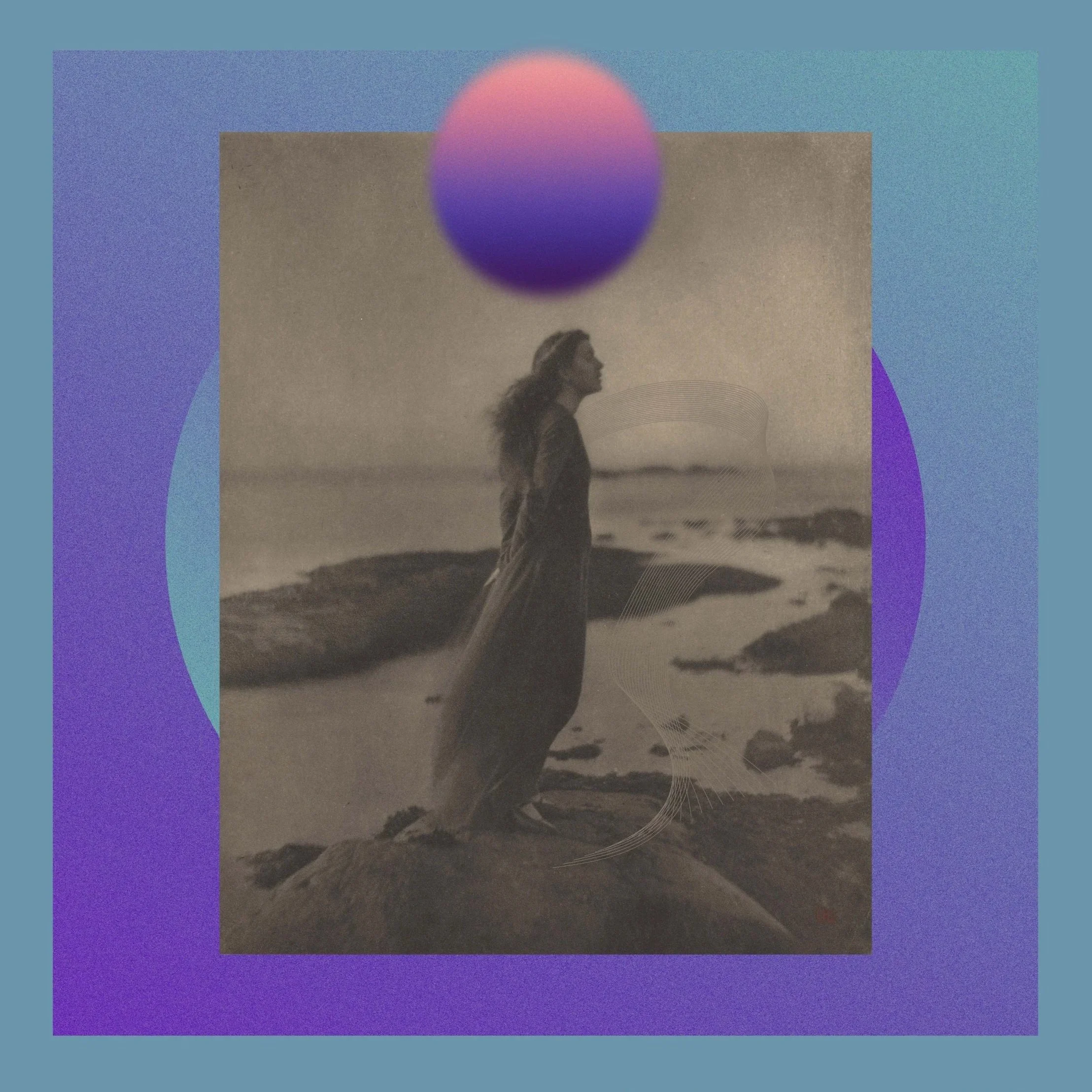 A black and white photo of a woman standing on a rock at the beach, looking into the distance with ocean waves in the background. Features artistic colored shapes and a gradient sphere overlay in the digital design.