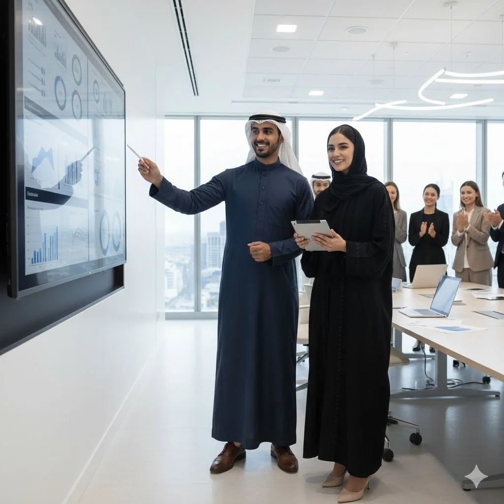Man and woman in traditional Middle Eastern attire presenting in a conference room with colleagues clapping in the background.