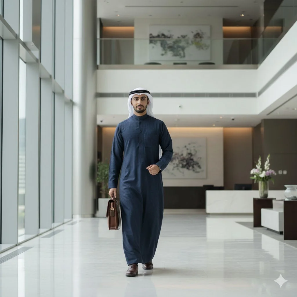 A man in traditional Middle Eastern attire, including a dark blue thobe and white head covering, walking through a modern, spacious hotel lobby with large windows, artwork, and floral arrangements.