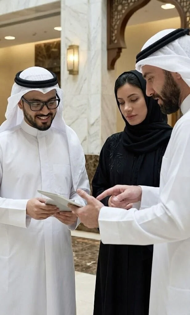 Three people, two men wearing traditional Middle Eastern attire and a woman wearing a black abaya, are looking at a tablet together in a luxurious interior setting.
