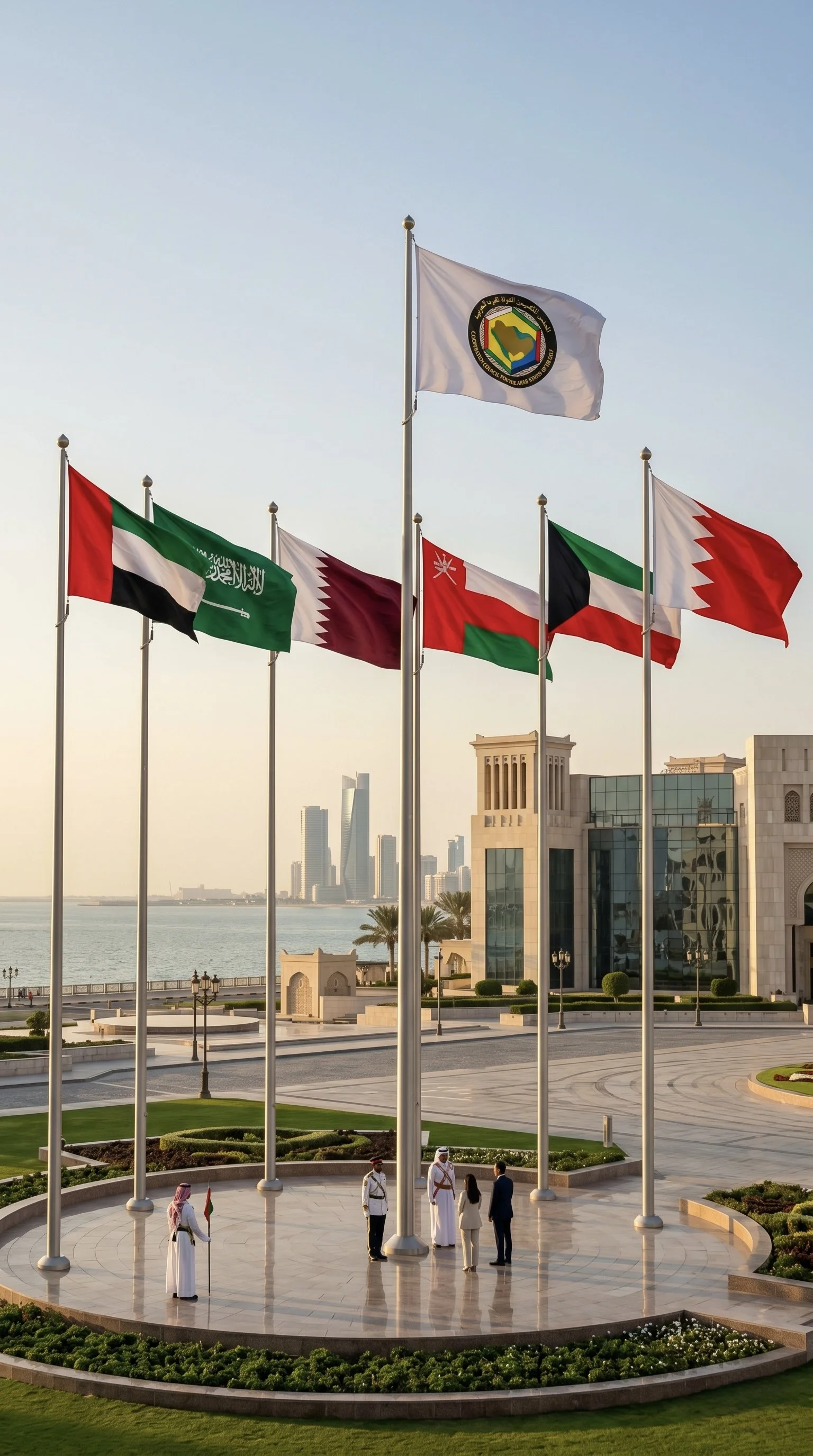 Multiple national flags, including those of Saudi Arabia, Qatar, Oman, and Bahrain, are flying in front of modern buildings near a waterfront, with a city skyline in the background.