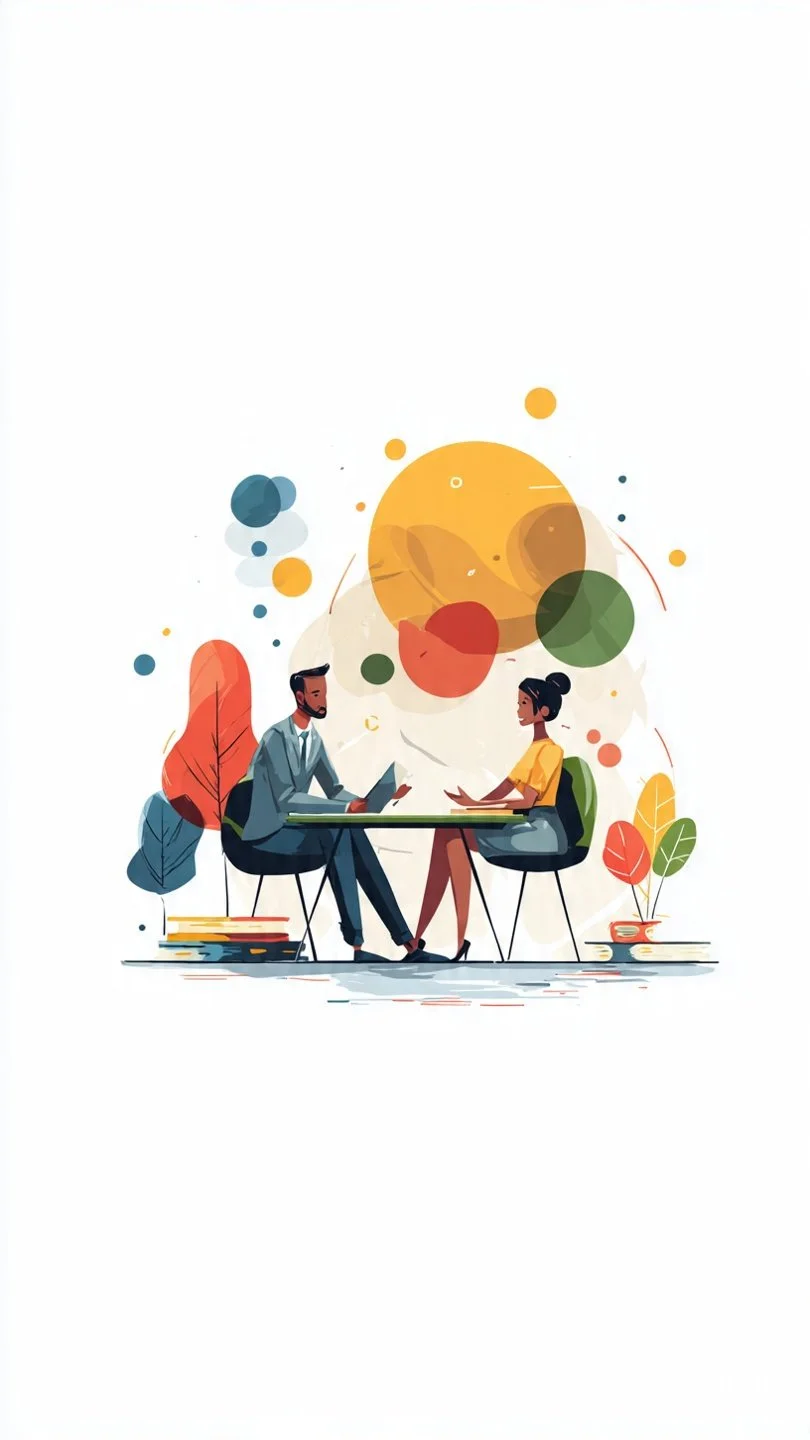Illustration of a man and woman talking at a table with books and plants around them, with a colorful abstract background and large yellow circle.