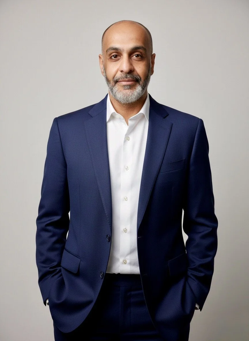 A middle-aged man with a beard and mustache wearing a dark blue suit and white dress shirt, standing against a plain light gray background.