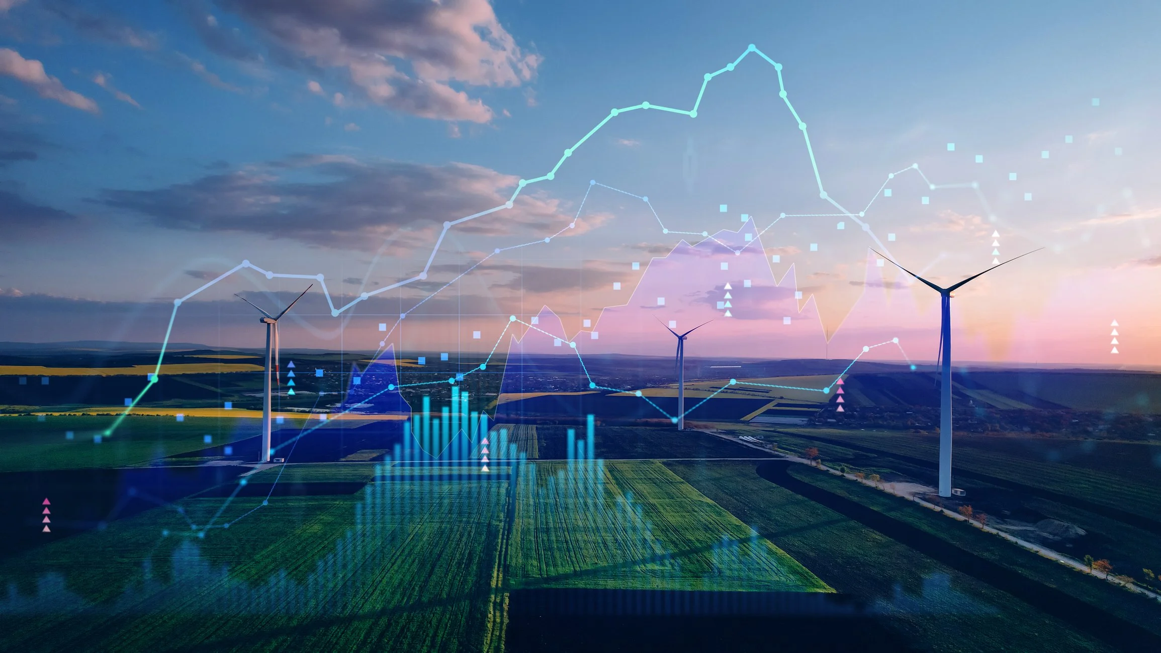 A landscape with wind turbines over fields at sunset, combined with digital line graphs and data points representing data analysis or energy statistics.