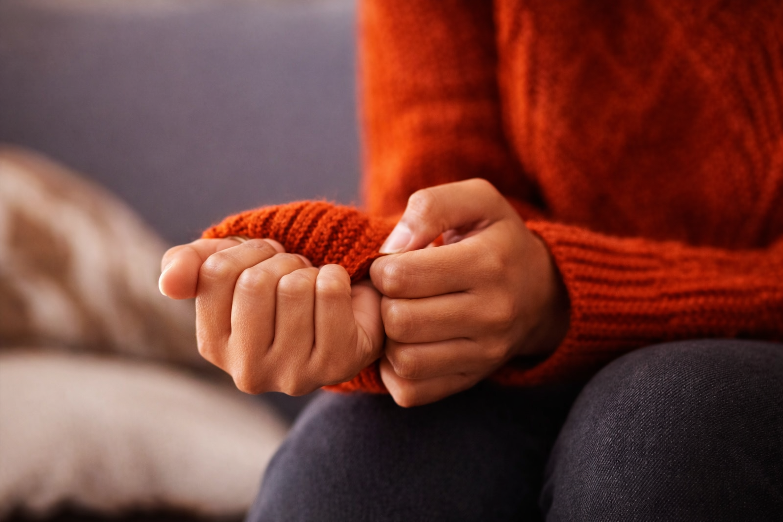 Close-up of a person's hands clasped together, wearing an orange and black striped sweater.