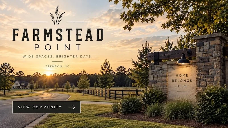 An early evening view of Farmstead Point in Trenton, South Carolina, showing a welcoming entrance sign on a stone wall and a curved road leading into a community with houses and trees, under a sky with a setting sun.