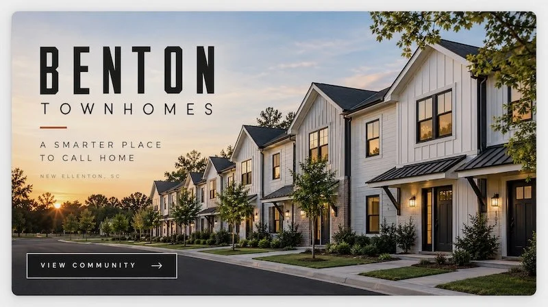 Exterior view of Benton Townhomes, a new residential community in New Ellenton, SC, with modern white houses and a black roof, along a tree-lined street at sunset.