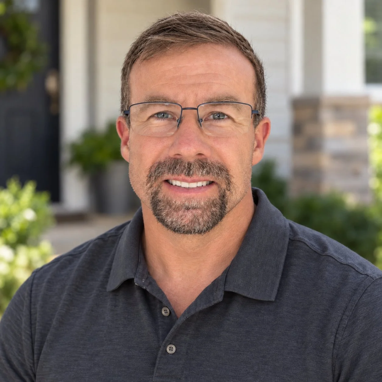 Portrait of a middle-aged man with glasses, a beard, and short brown hair, smiling outdoors in front of a house with greenery.