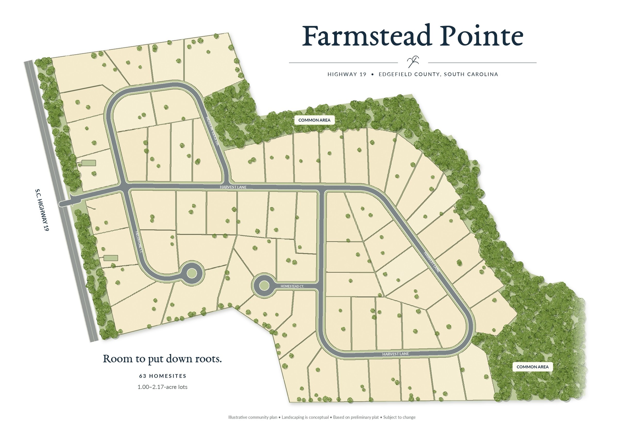 A map of Farmstead Pointe community showing streets, lots, common areas, and green spaces in Edgefield County, South Carolina.