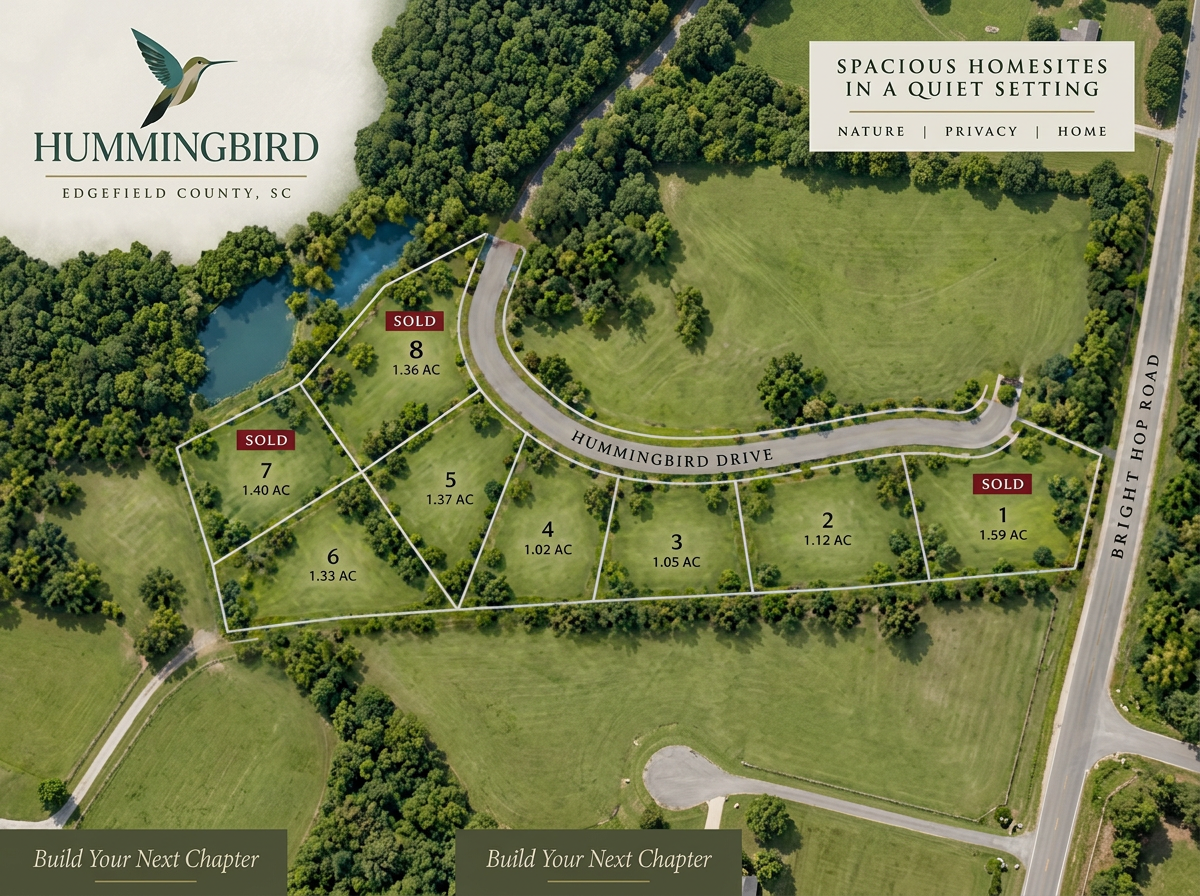 A map of Hummingbird subdivision in Edgefield County, SC, showing several home lots, some marked as sold, along Hummingbird Drive and Bright Hop Road, near a pond and surrounded by trees and green spaces.