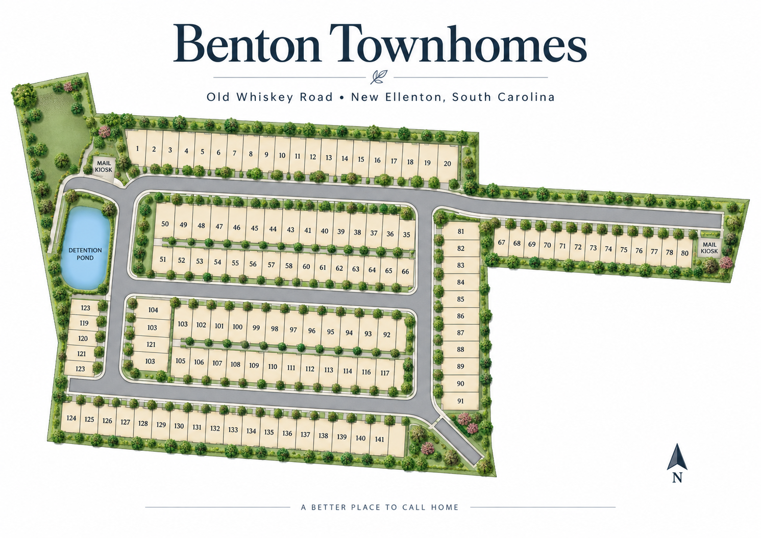 Map of Benton Townhomes in South Carolina, showing numbered residential lots, a detention pond, mail kiosks, roads, trees, and landscaping.