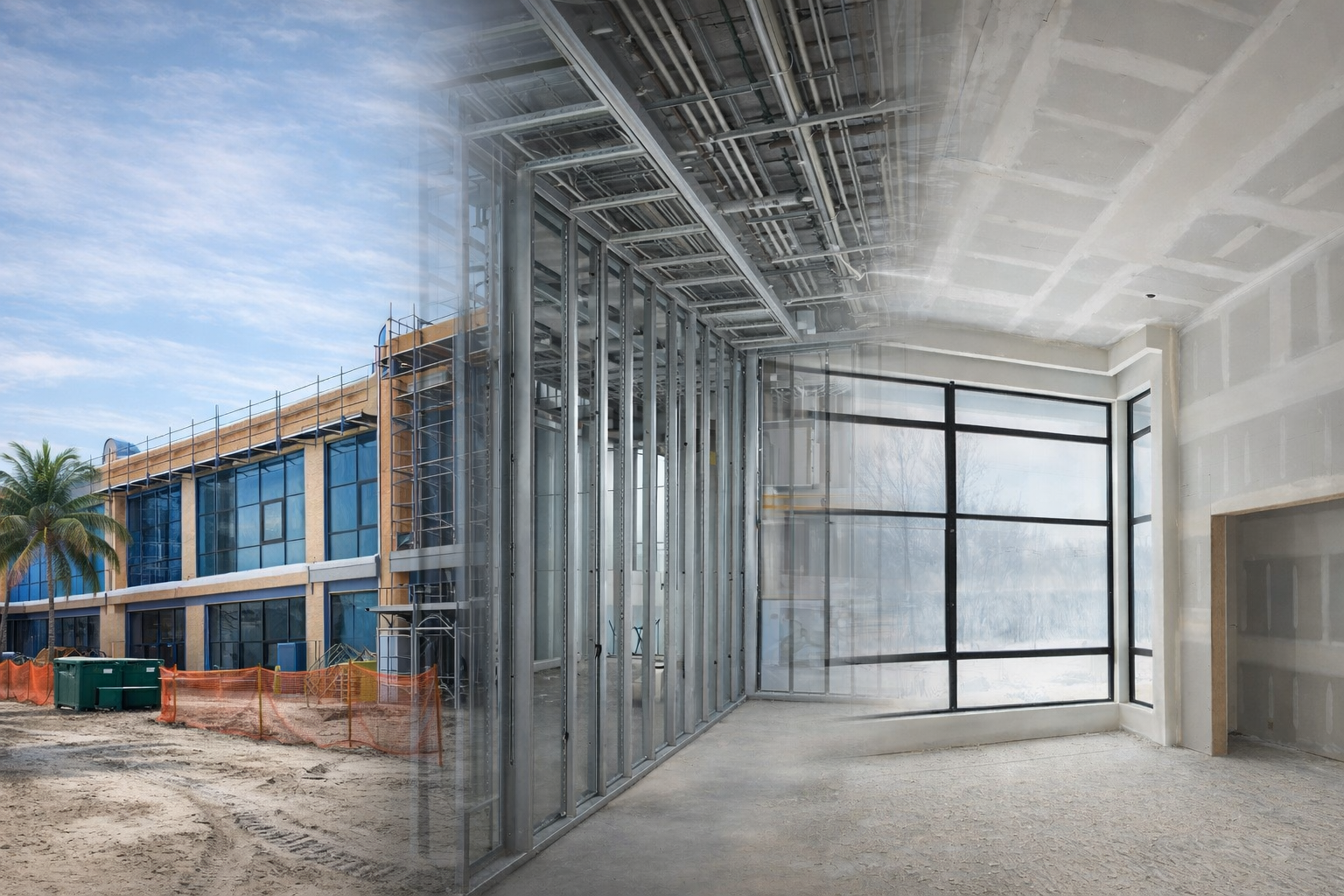 Commercial interior wall systems including steel framing, drywall installation, and finishing for large-scale construction projects in Tampa, Florida