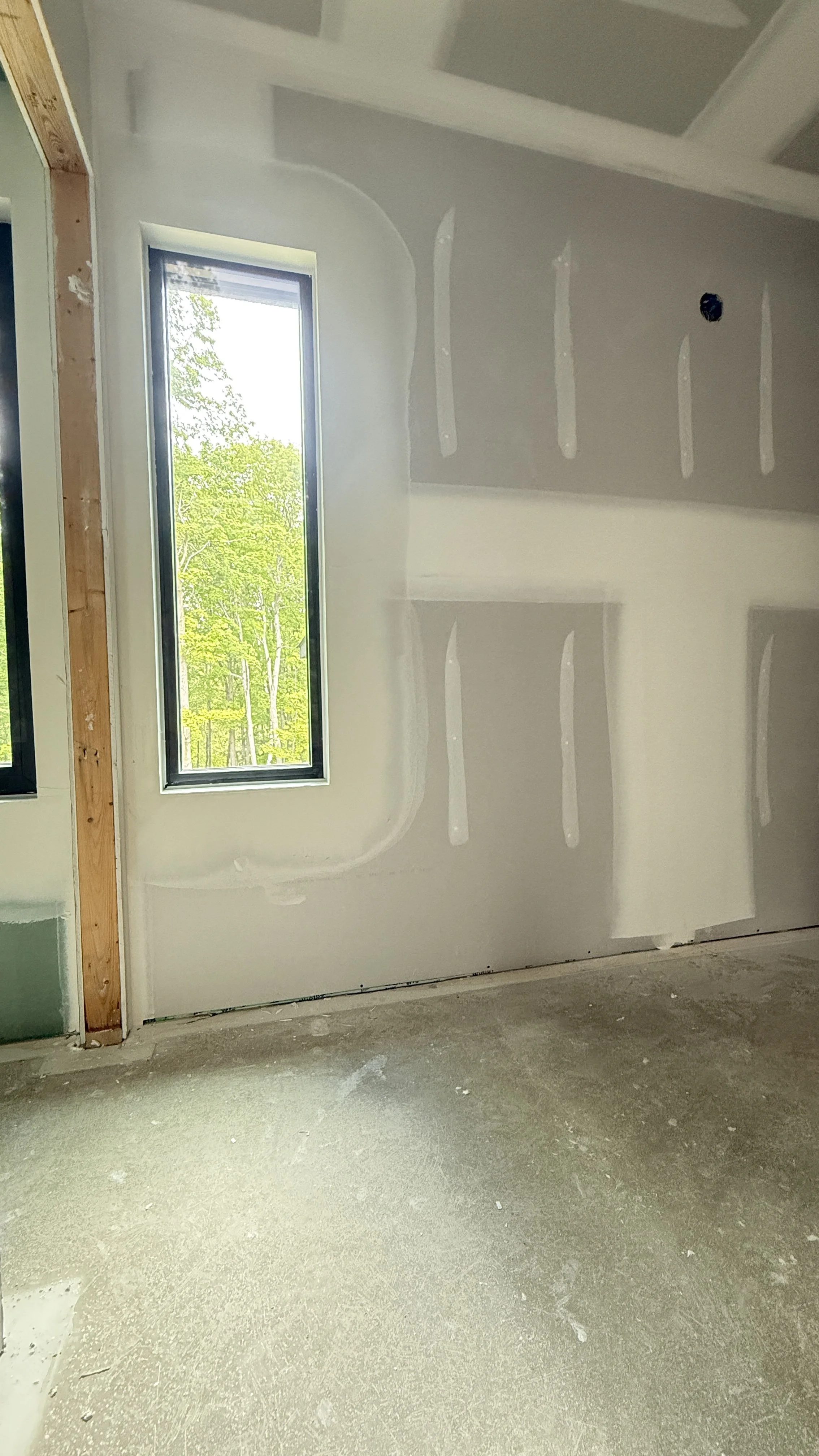 Interior wall under construction with drywall and window showing trees outside.