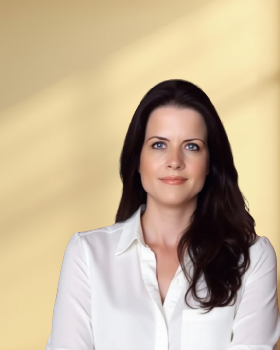 A woman with long dark hair and blue eyes, wearing a white blouse, standing against a yellow gradient background.