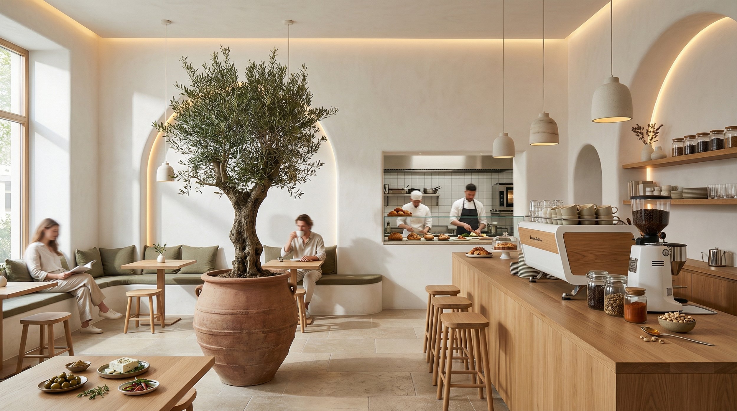 A cozy cafe with a large potted olive tree, light-colored wooden furniture, three hanging pendant lights, and a barista area with a coffee machine. Customers are seated at tables, one drinking coffee and another reading, with chefs visible in the kitchen behind a window.