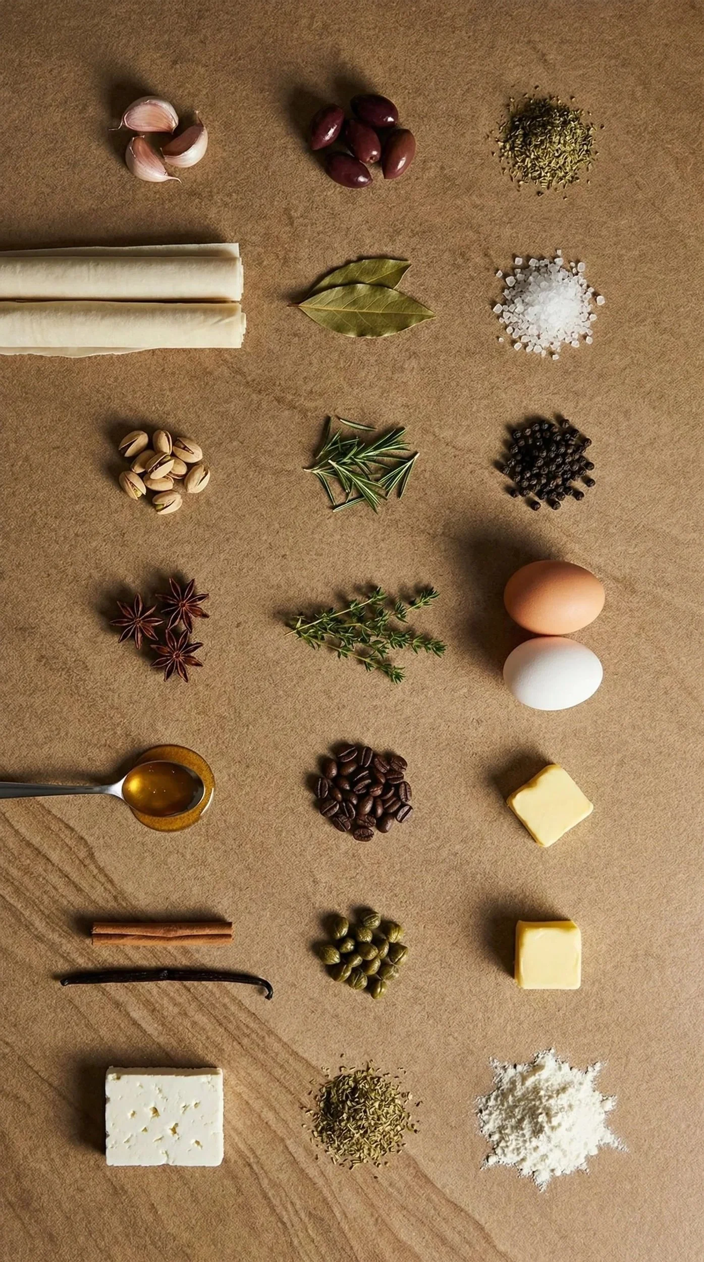 Arrangement of herbs, spices, vegetables, eggs, cheese, and other ingredients on a brown surface.