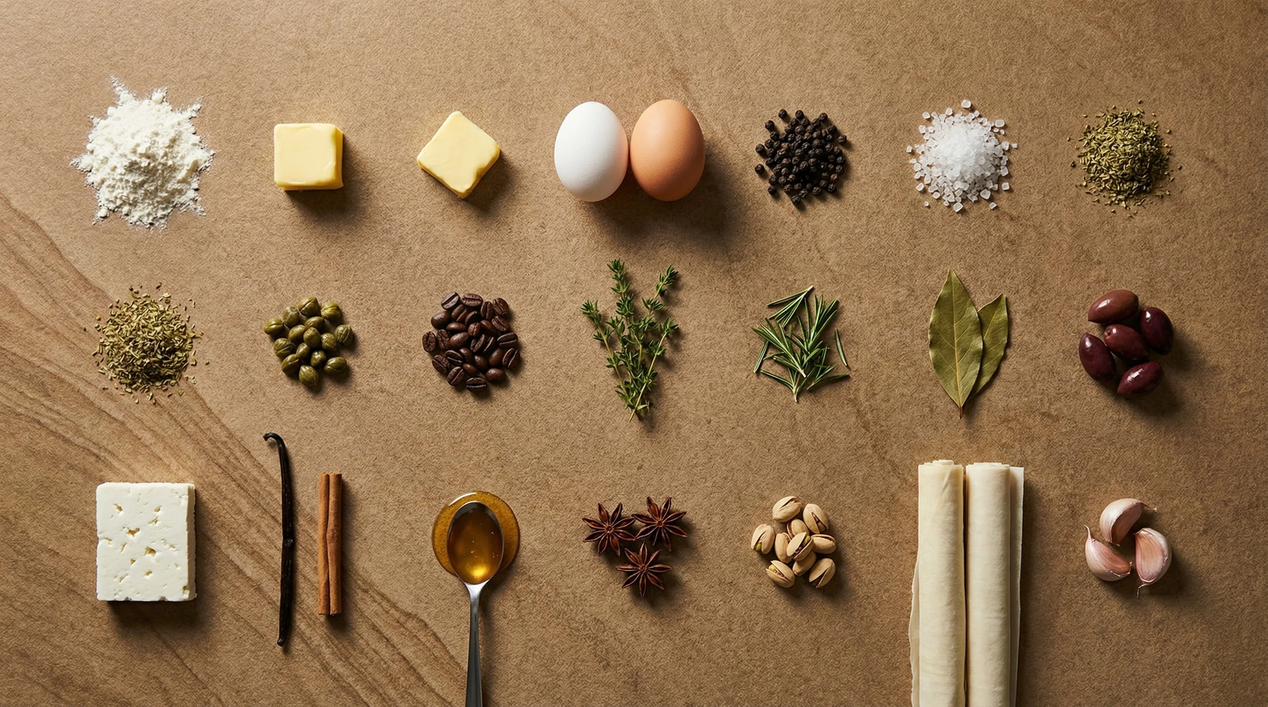 Assorted ingredients on a brown surface including flour, butter, eggs, peppercorns, salt, herbs, olives, coffee beans, thyme, rosemary, bay leaves, grapes, feta cheese, vanilla bean, honey, star anise, pistachios, pastry sheets, and garlic cloves.