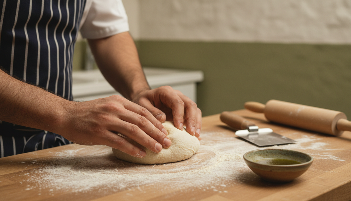 Person kneading dough on a floured wooden countertop with rolling pins and a bowl of olive oil nearby.