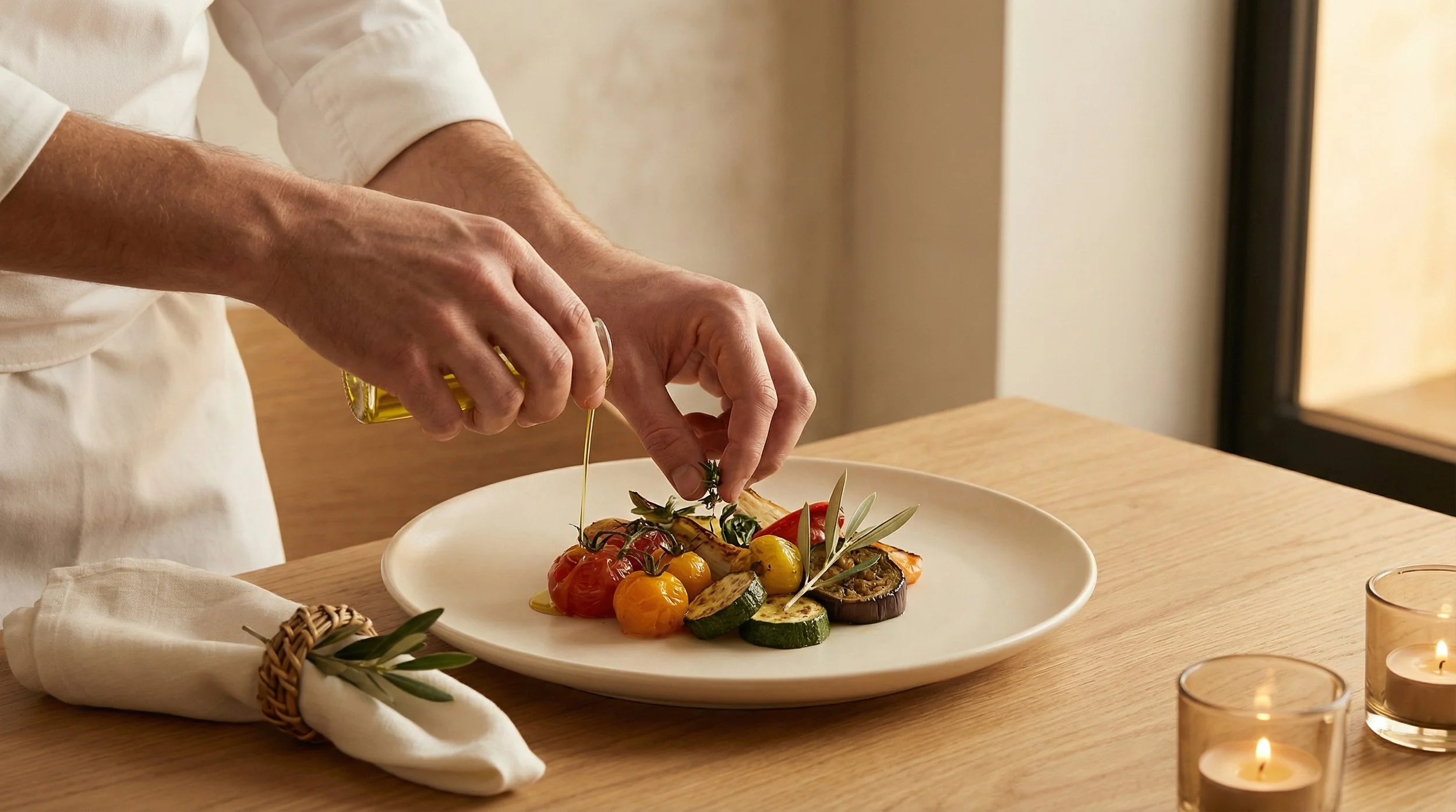 Person drizzling olive oil on a plate of assorted grilled vegetables including cherry tomatoes, zucchini, eggplant, and bell peppers, with candles on a wooden table.