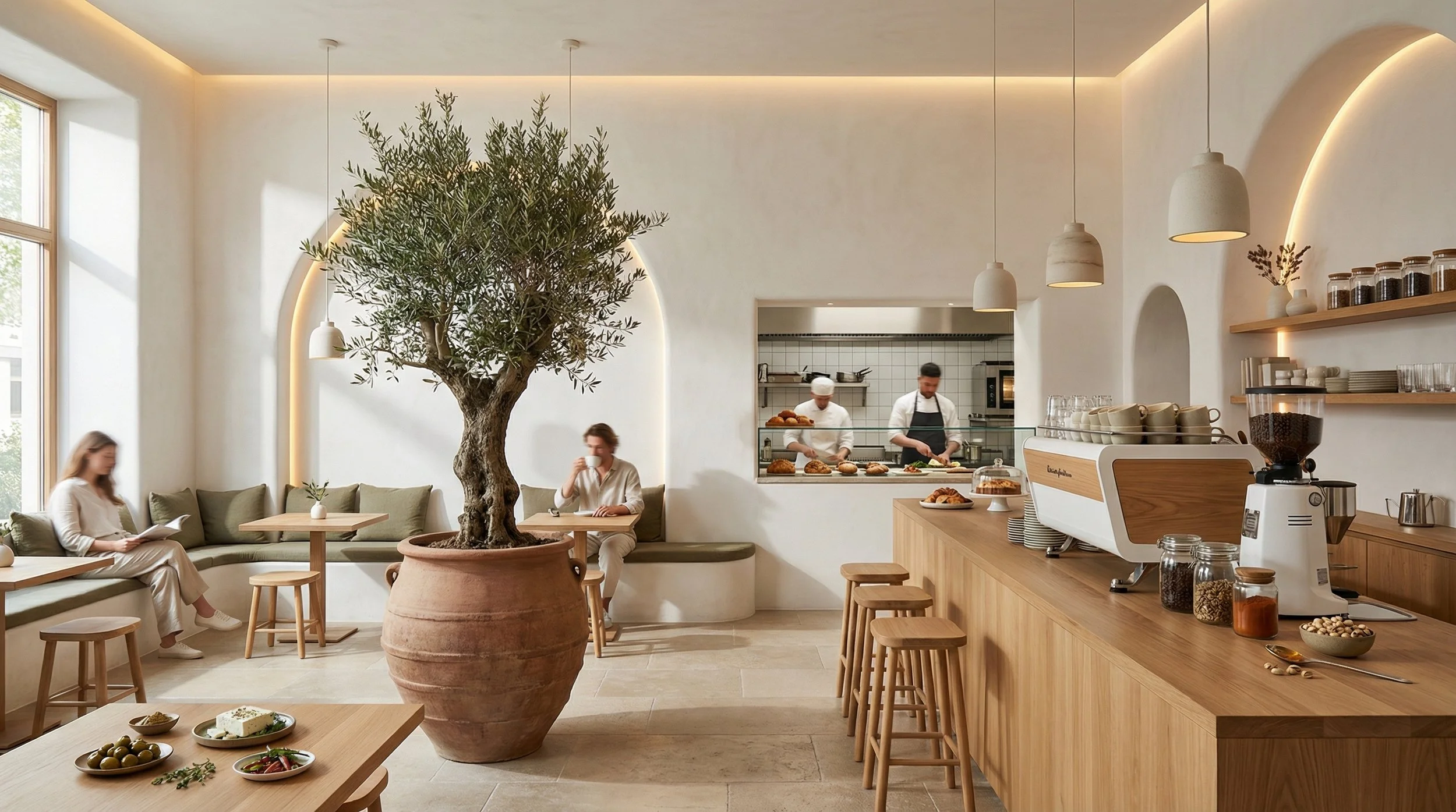 Concept interior of Table21 Café in Eindhoven with olive-toned Cycladic design, natural wood bar, warm lighting, and a central olive tree.