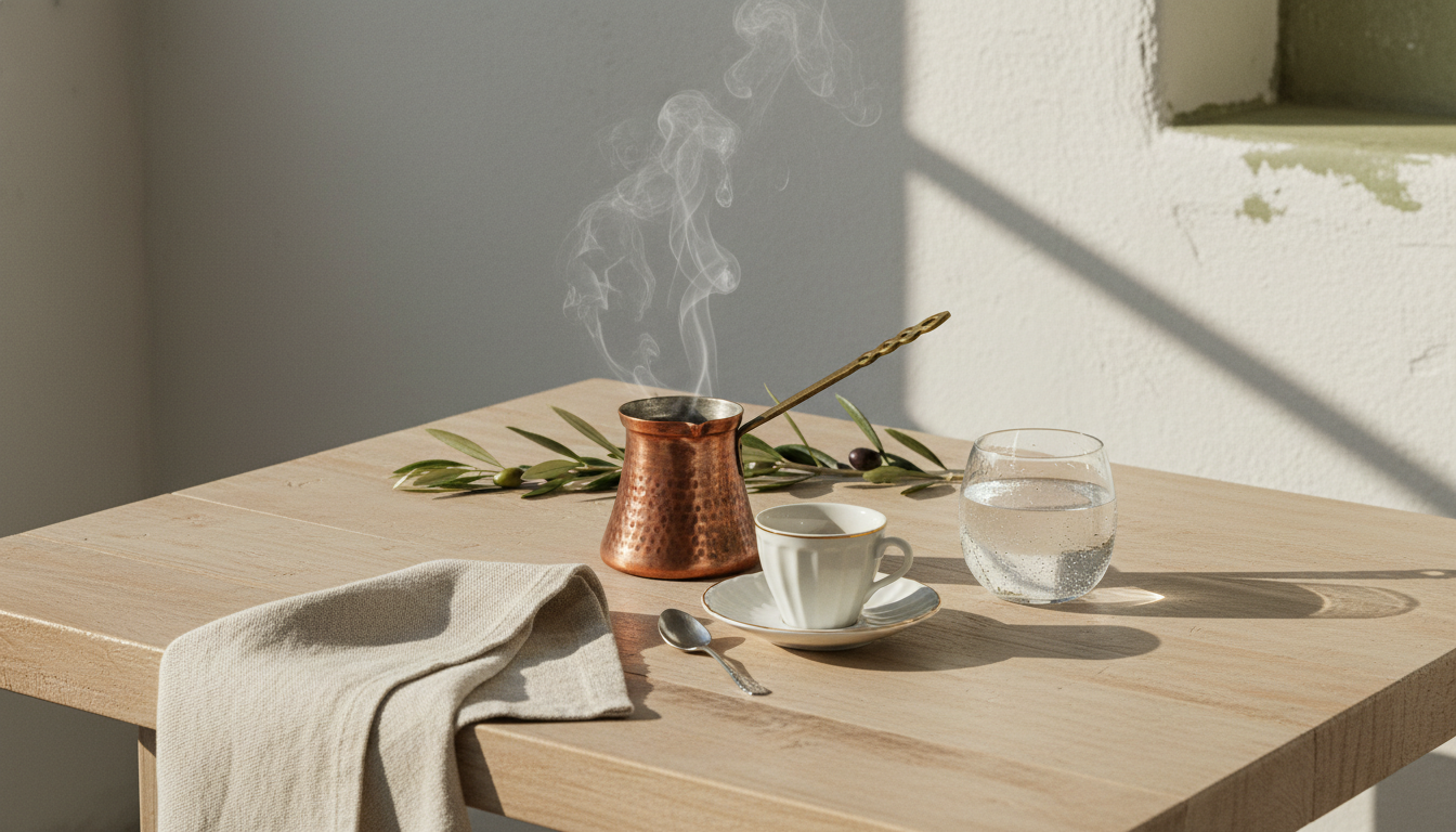 A wooden table with a steaming copper pot, a white cup and saucer, a spoon, a glass of water, a cloth napkin, and a decorative plant with green leaves and dark berries, with sunlight and shadow on the wall.