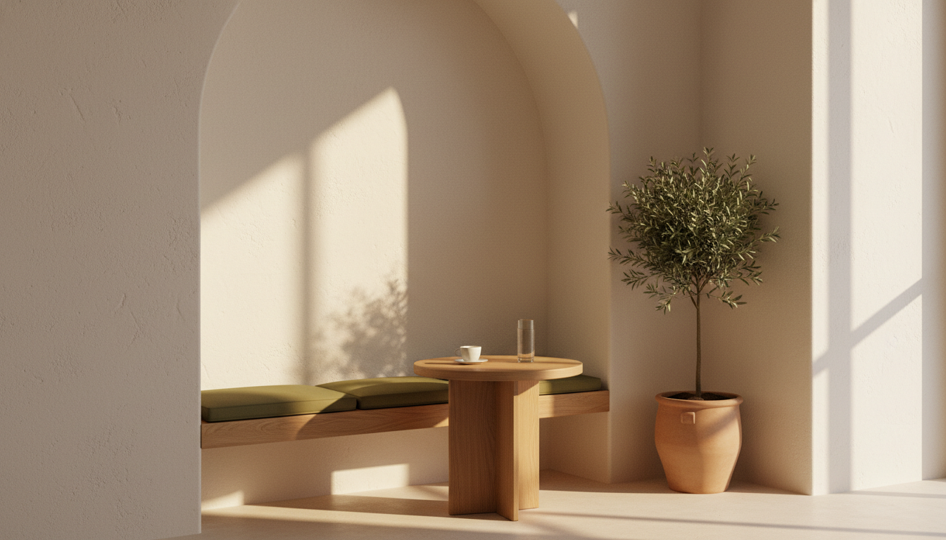 Minimalist corner with a built-in seat, a round wooden table, a potted plant, and sunlight casting shadows.