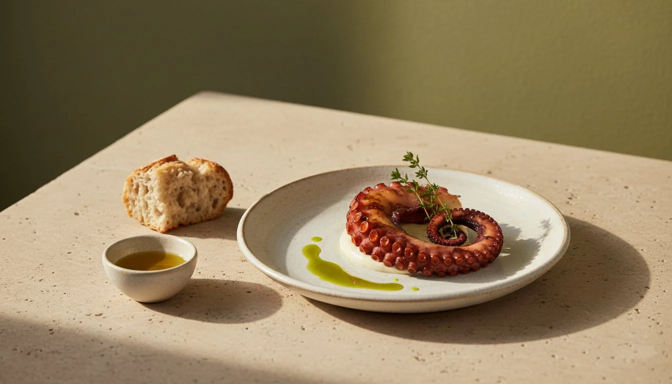 A plate with grilled octopus tentacle garnished with a sprig of fresh herbs and a drizzle of olive oil, a small bowl of olive oil, and a piece of rustic bread on a plain surface.