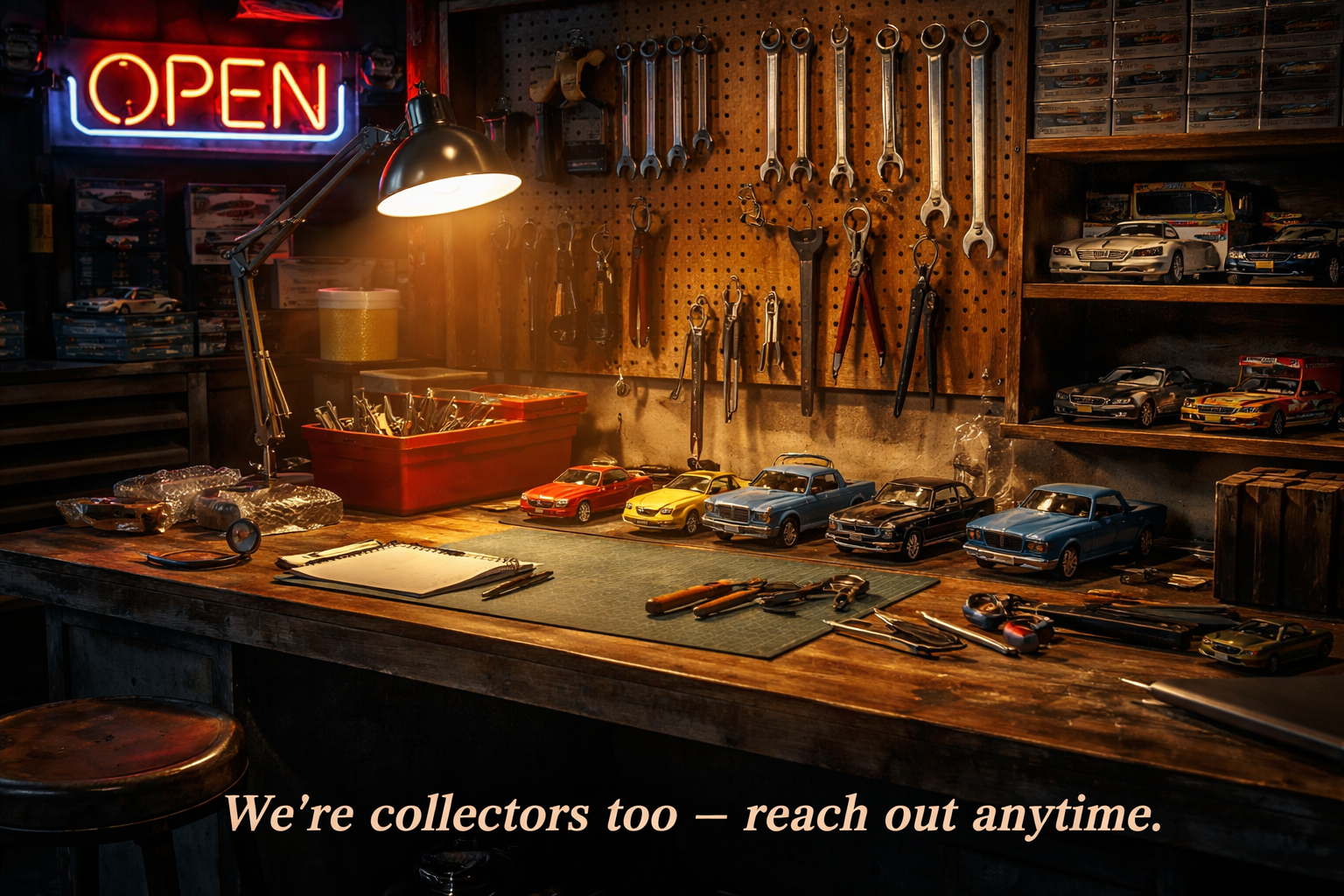 Garage workbench with tools and diecast cars at Cushing Diecast Garage