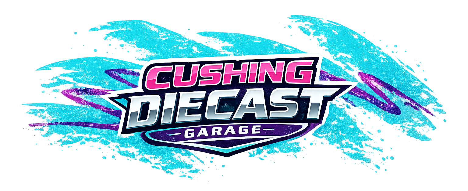 Cushing Diecast Garage logo with retro splash design