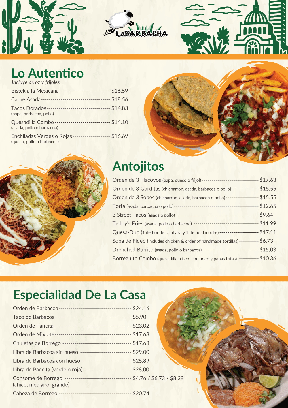 Mexican restaurant menu with sections for authentic dishes, snacks, and house specials, including photos of traditional food like tacos, tostadas, and a meat dish with cilantro and onions.