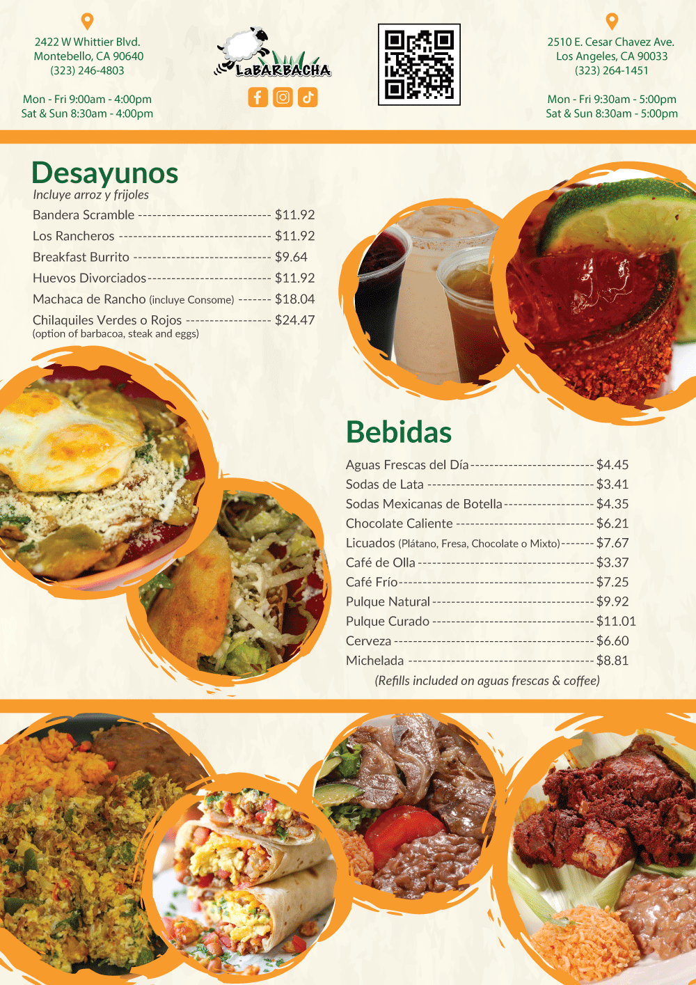 Mexican restaurant menu featuring breakfast options like huevos divorciados, machaca de rancho, and chilaquiles verdes or rojos, with images of drinks, eggs, rice, tortillas, and meat dishes.