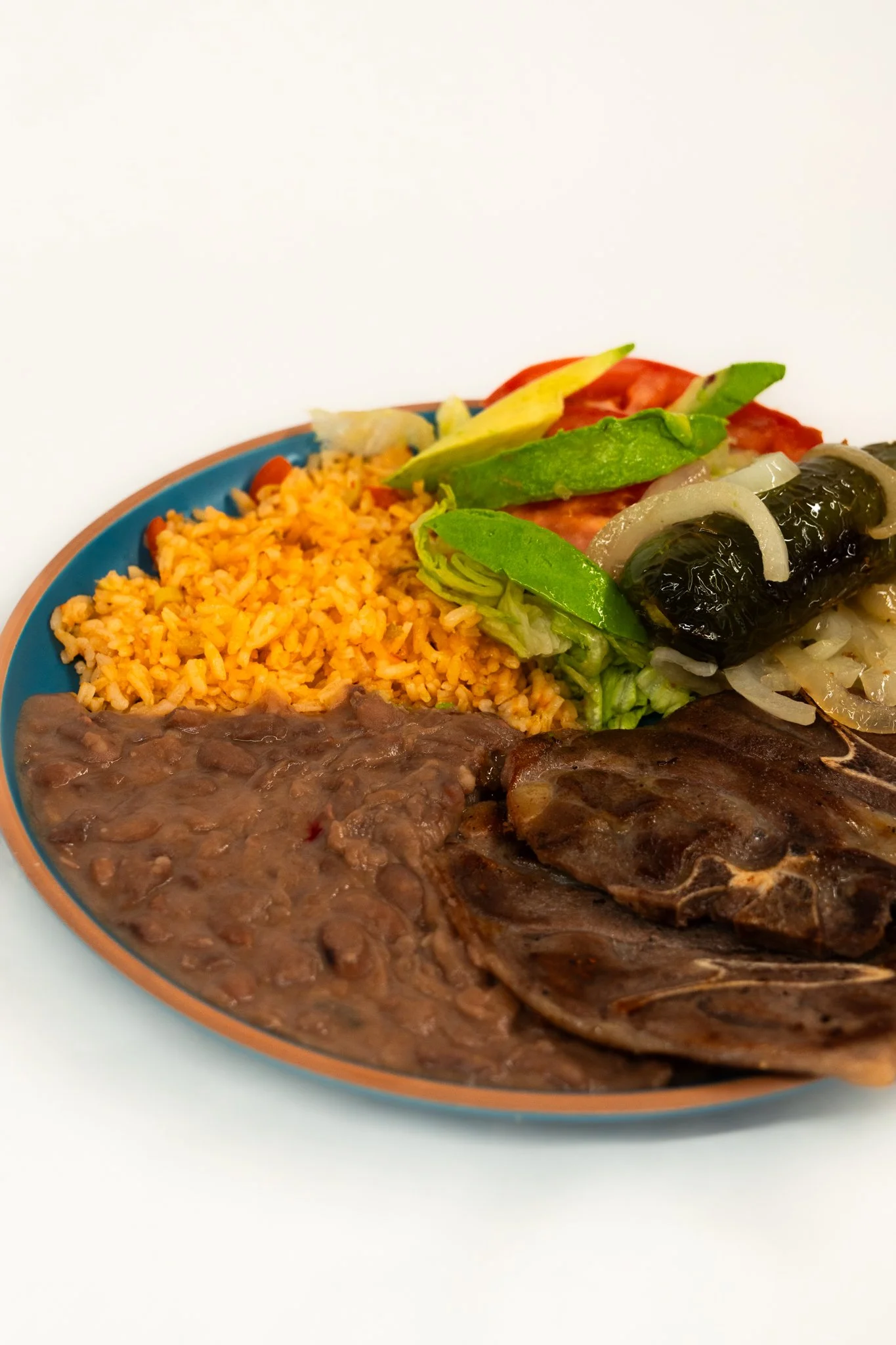 Plate of Mexican food with rice, beef, grilled meat, and salad with avocado, tomato, lettuce, and onions.