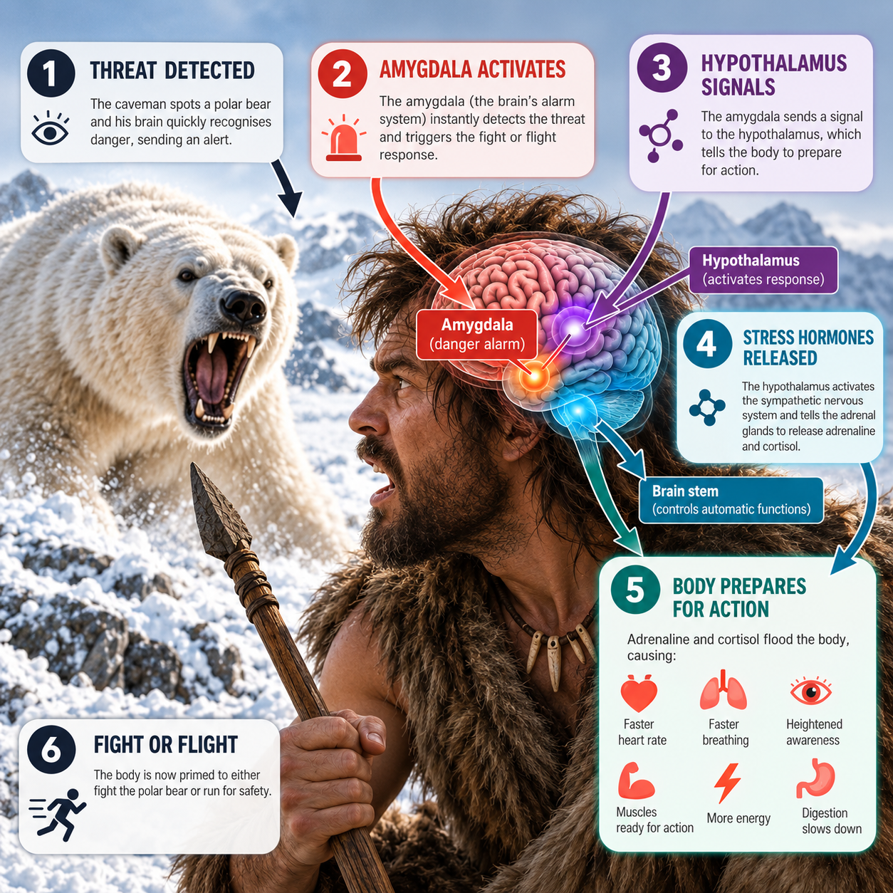 Educational illustration of a caveman facing a polar bear, showing how the brain detects danger and triggers the fight-or-flight stress response through the amygdala and stress hormones.
