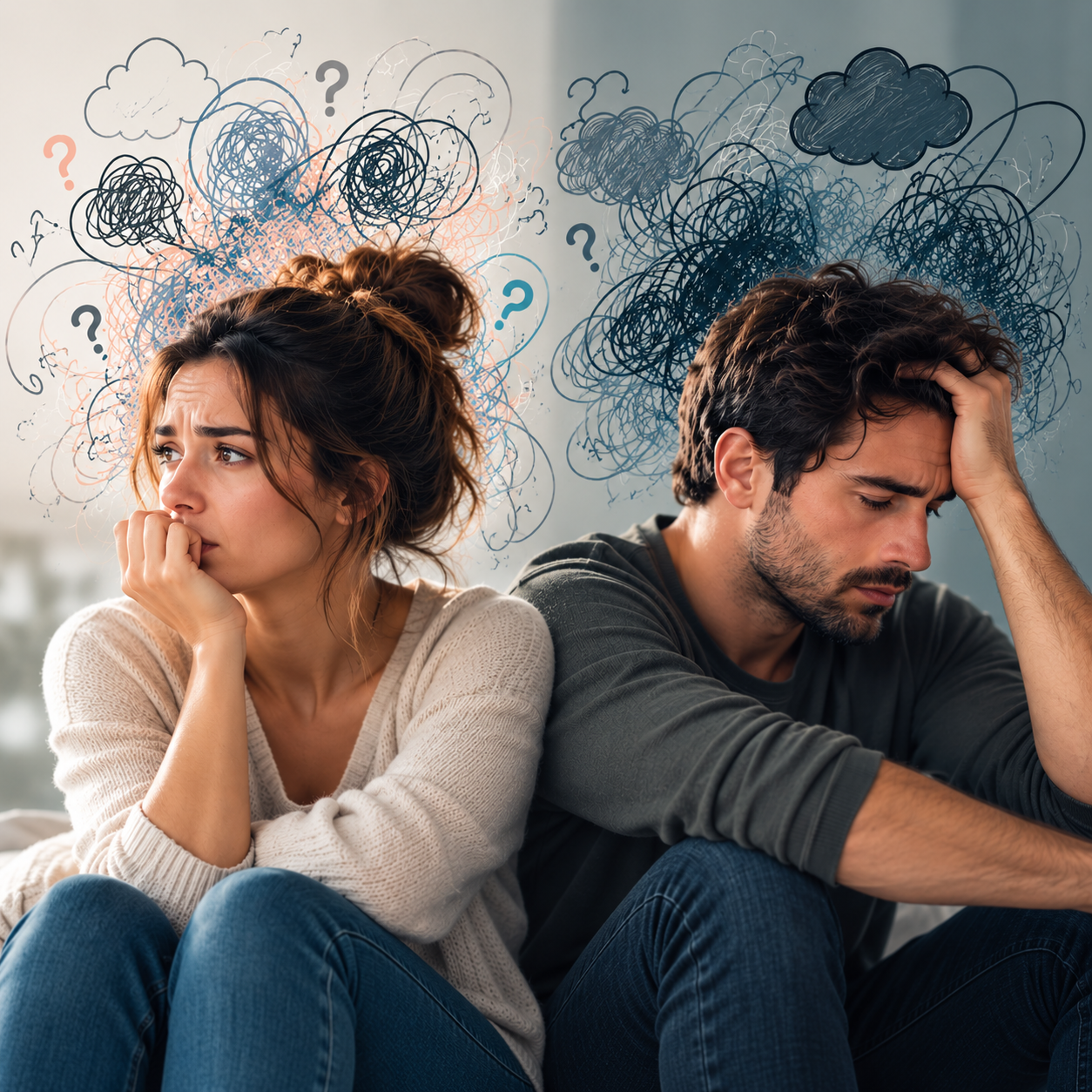 Man and woman sitting separately with anxious expressions, surrounded by visual scribbles, question marks and storm clouds representing racing thoughts, worry and emotional overwhelm.